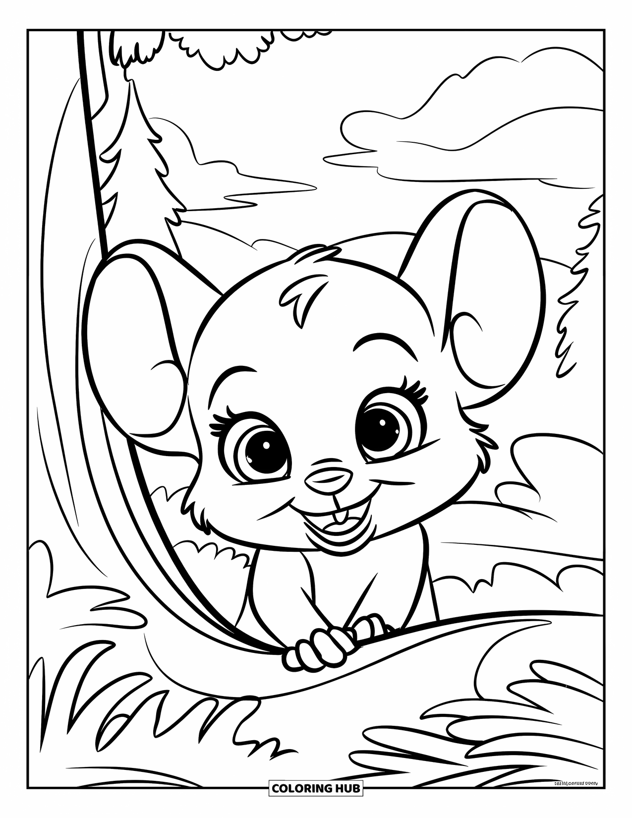 Baby Animal Coloring Page for Kids: A shy mouse peeks out from behind a tree