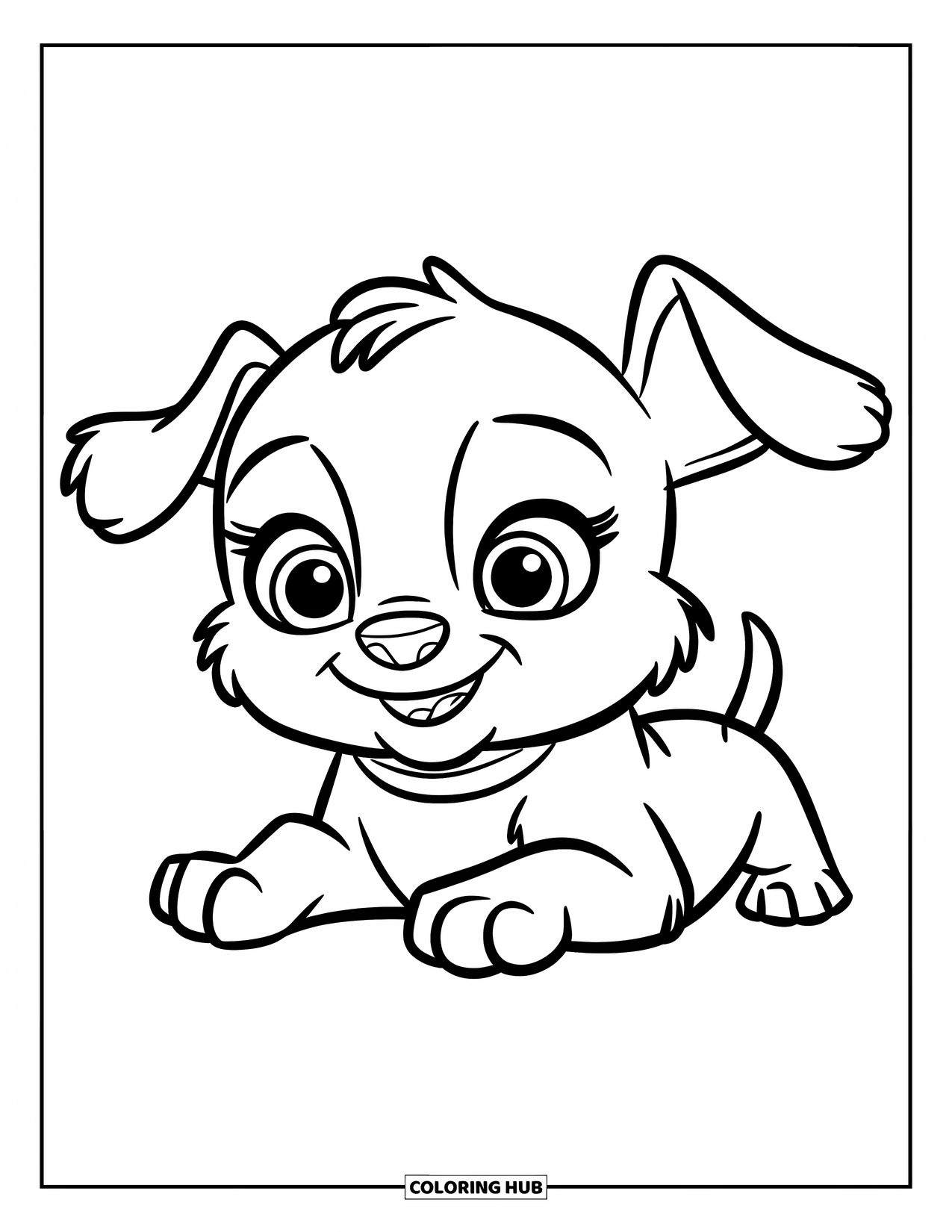 Baby Animal Coloring Page for Kids: A smiling dog lies on its back wearing a cute collar