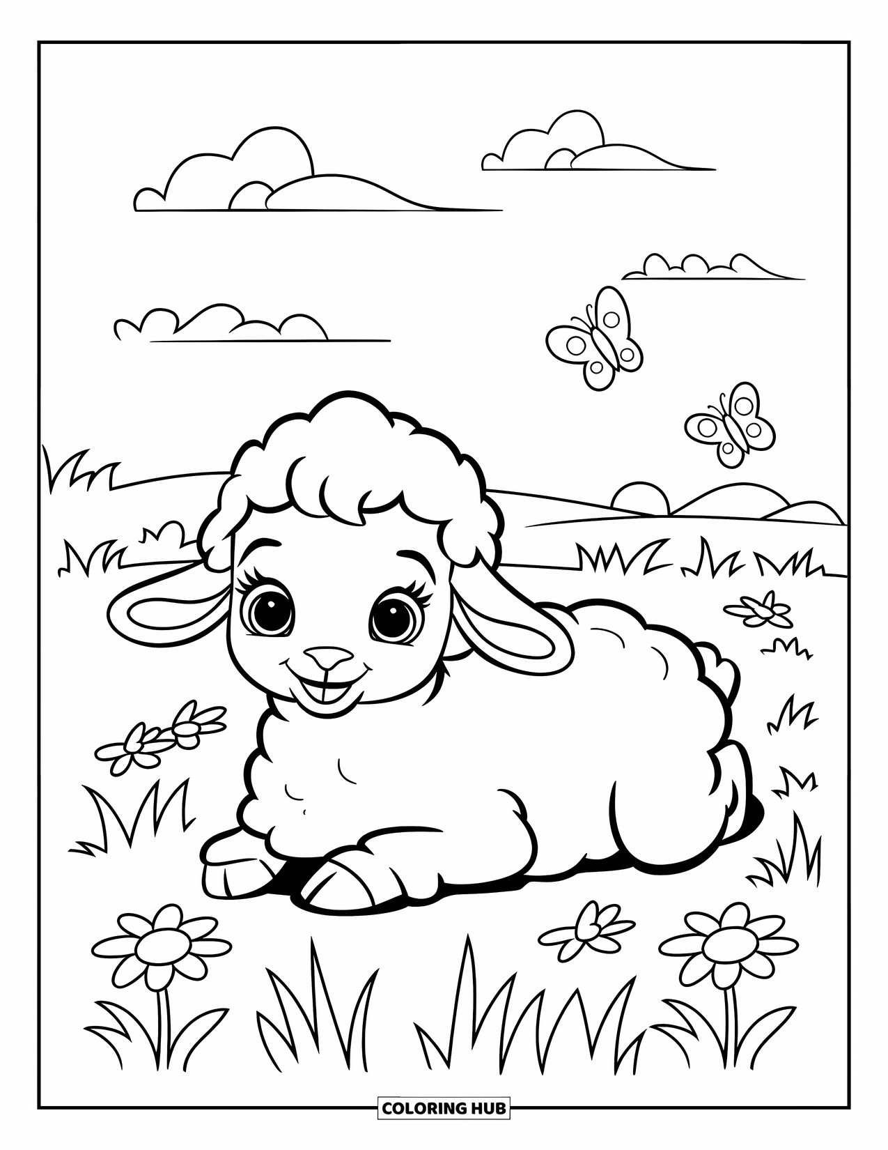Baby Animal Coloring Page for Kids: A soft baby sheep lies belly-down with butterflies nearby