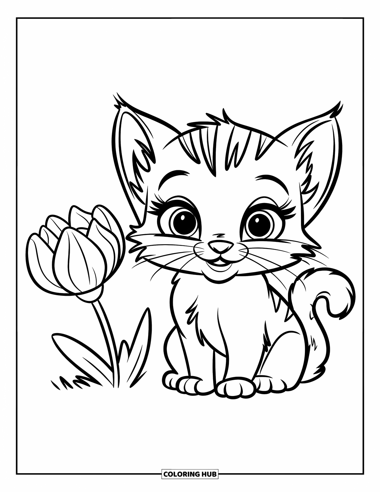 Baby Animal Coloring Page for Kids: A sweet baby cat with big eyes sits beside a big bloom