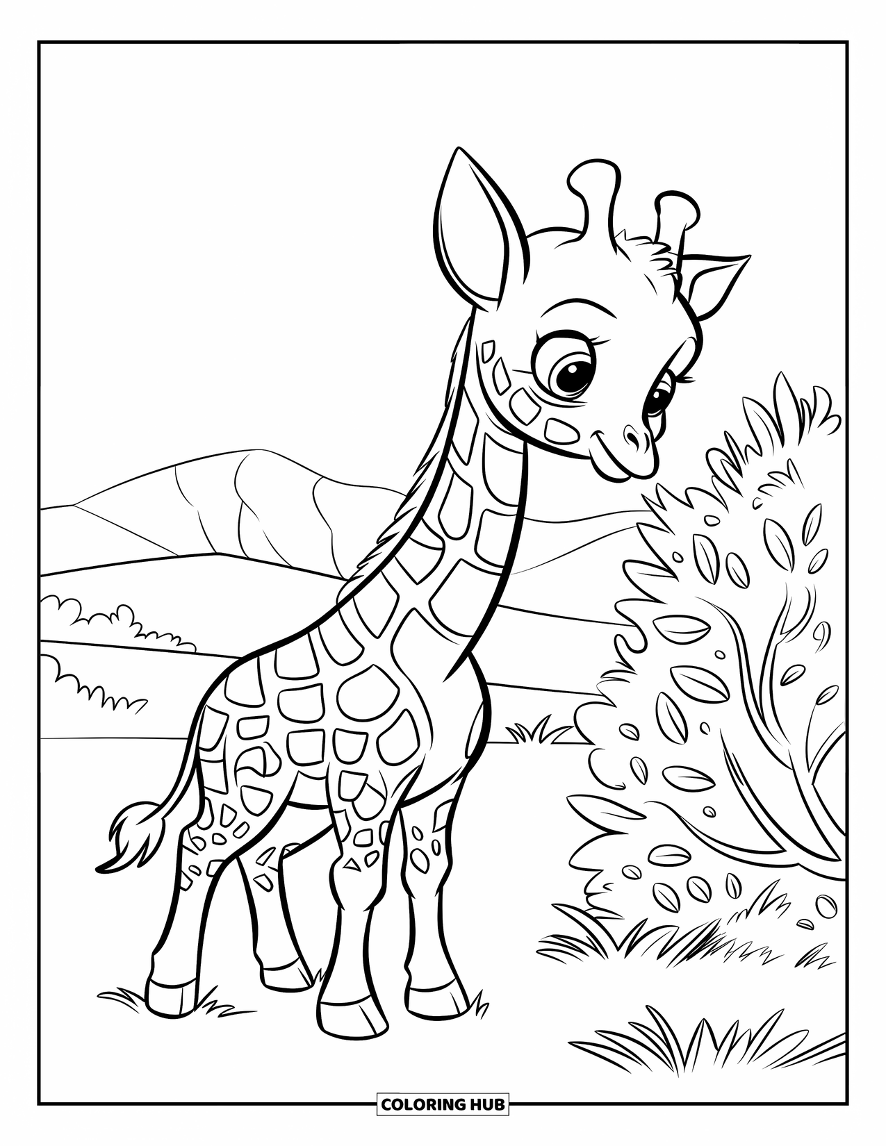 Baby Animal Coloring Page for Kids: A sweet giraffe explores the bushes on a grassy plain