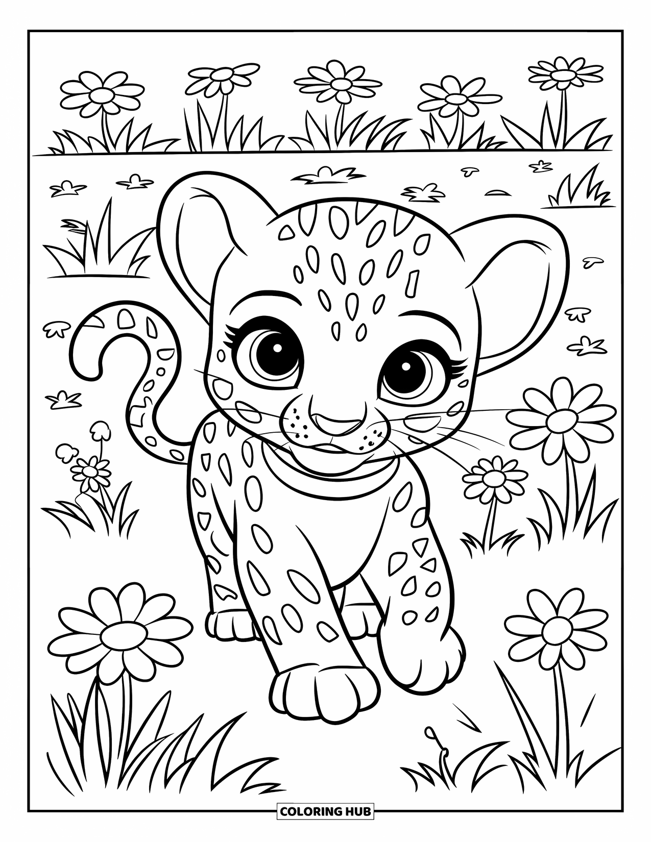 Baby Animal Coloring Page for Kids: A sweet leopard with a collar explores a colorful field