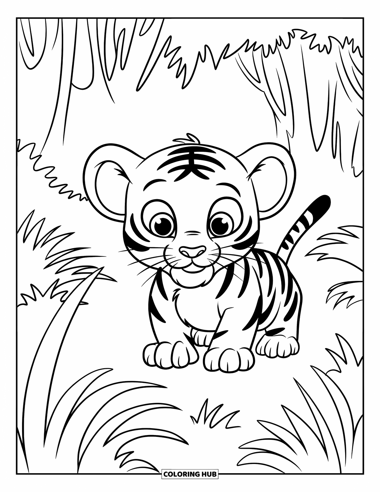 Baby Animal Coloring Page for Kids: A tiger cub hides in the thick grass of the jungle
