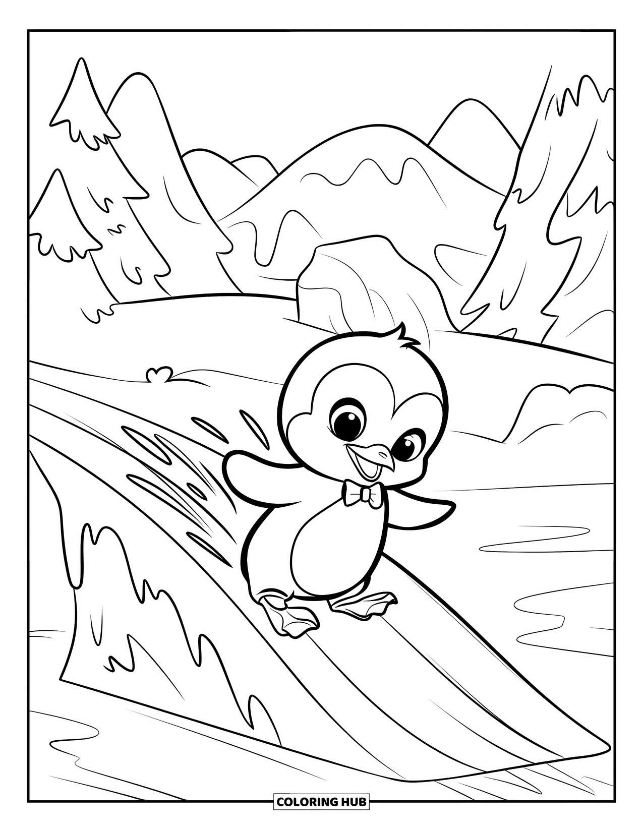 Baby Animal Coloring Page for Kids: A tuxedo-wearing penguin zooms down a frosty slope