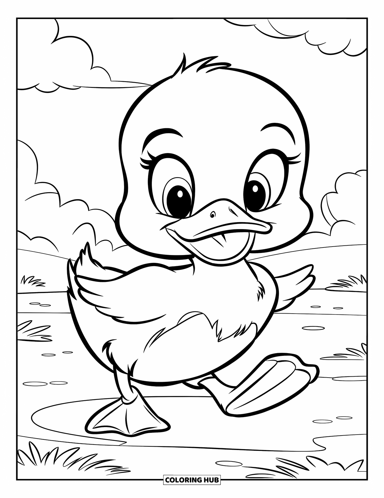 Baby Animal Coloring Page for Kids: A waddling baby duck with big feet walks across green grass