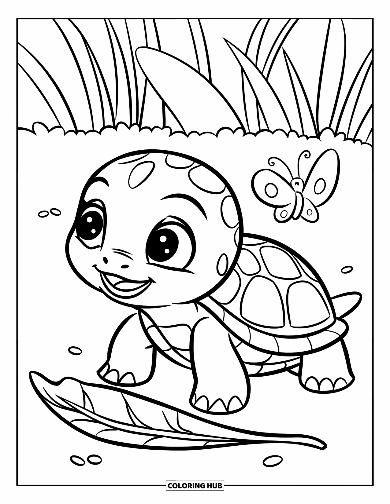 Baby Animal Coloring Page for Kids: A wide-eyed turtle crawls through a leafy patch