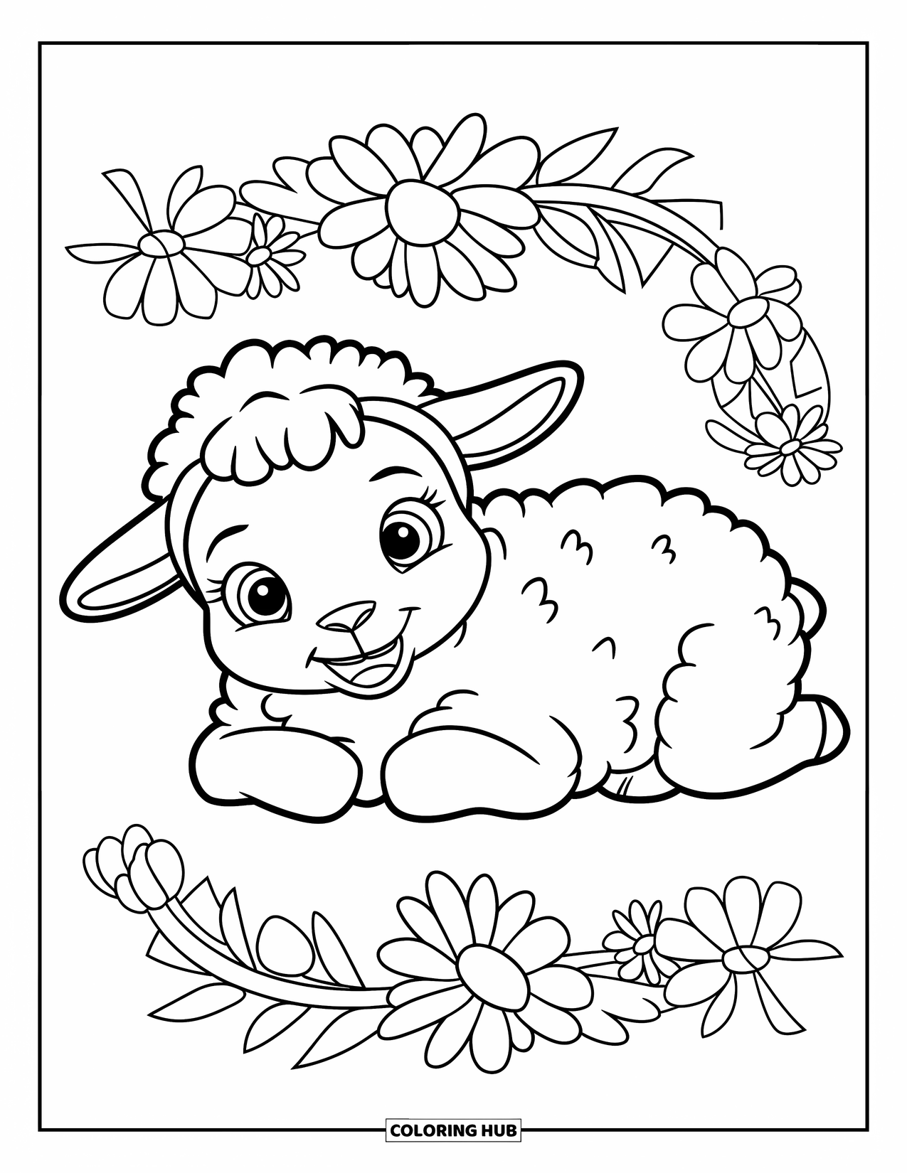 Baby Animal Coloring Page for Kids: A wooly baby sheep lies in the grass surrounded by flowers