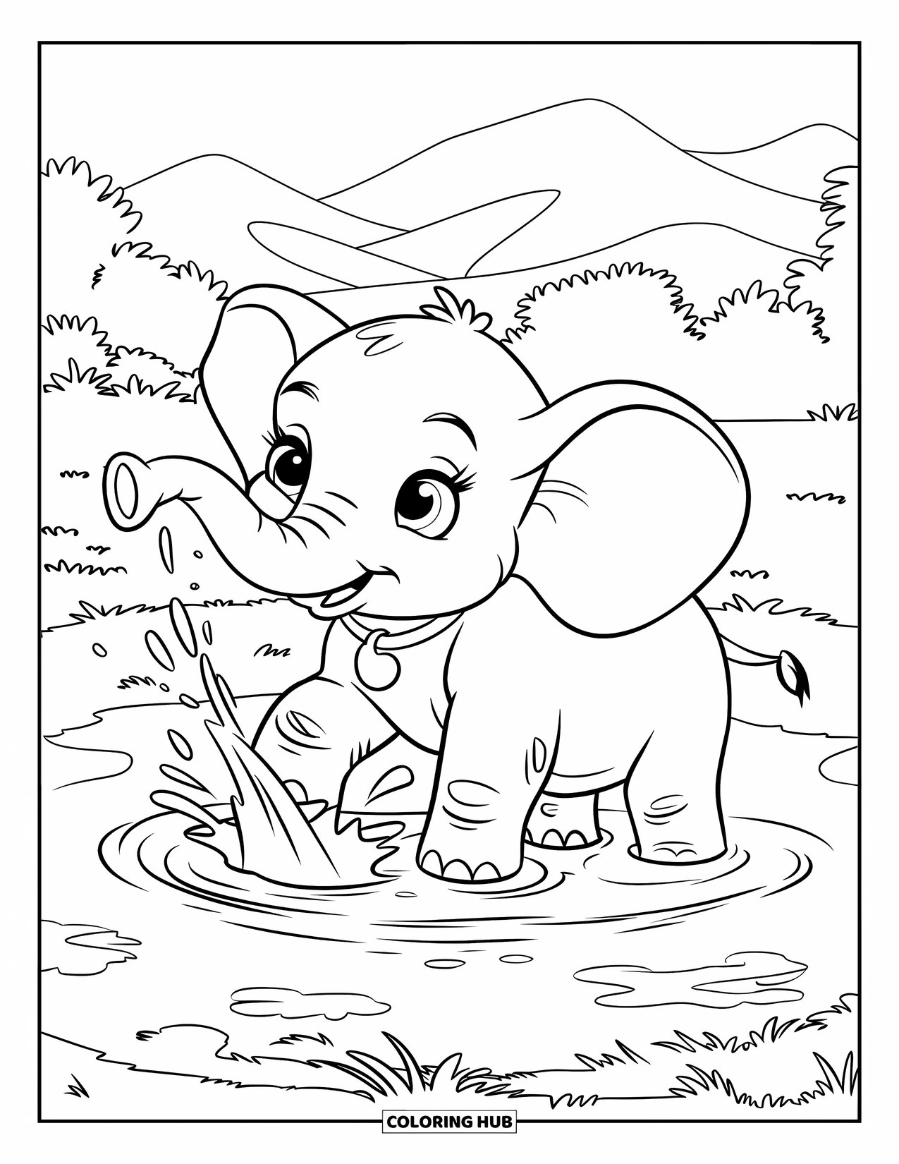 Baby Animal Coloring Page for Kids: An elephant with floppy ears splashes in the pond
