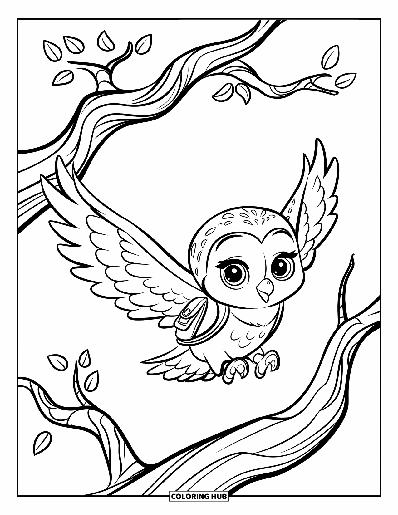 Baby Animal Coloring Page for Kids: An owl with a backpack flies through leafy forest branches