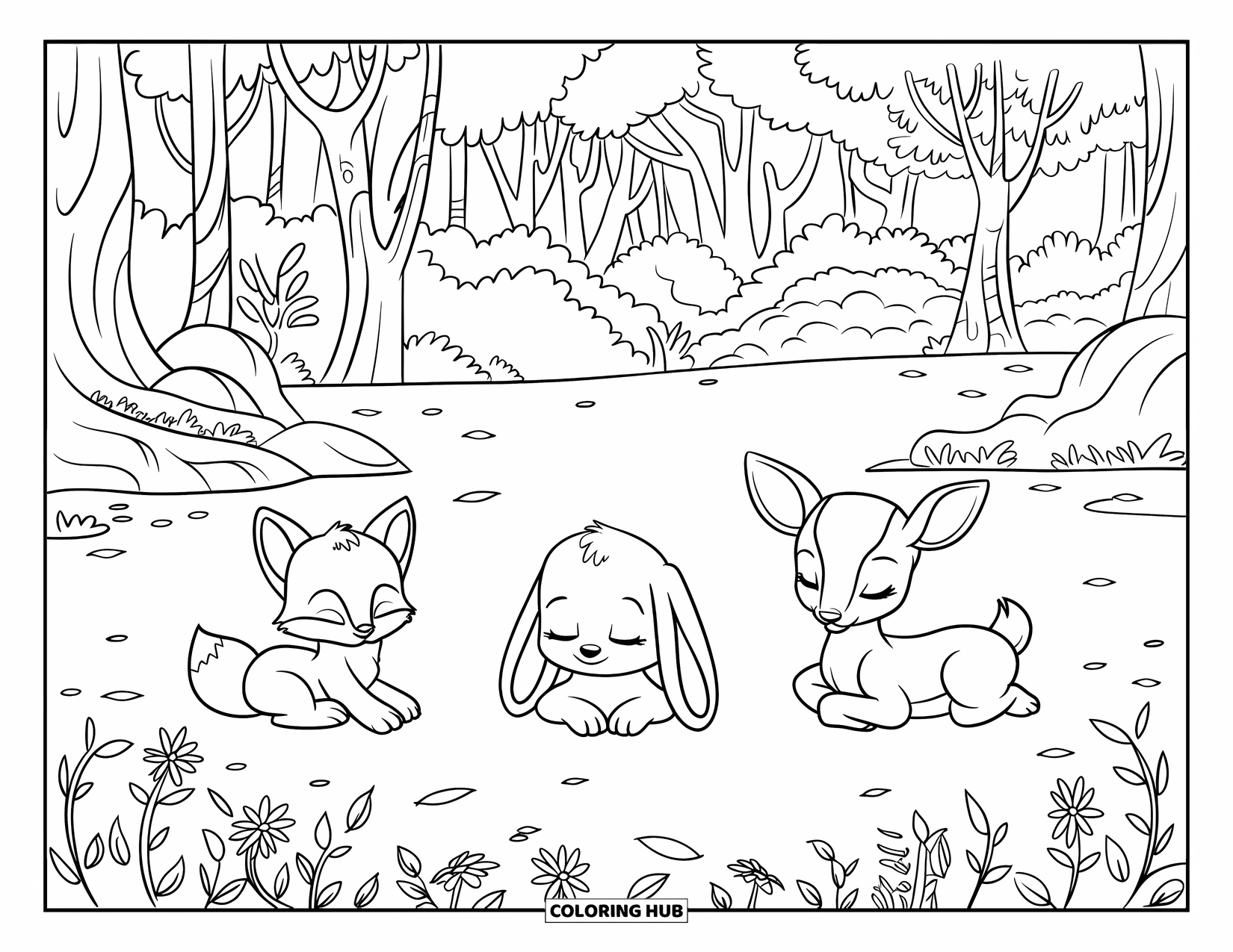 Baby Animal Coloring Page for Kids: Baby animals nap peacefully in a dappled forest clearing