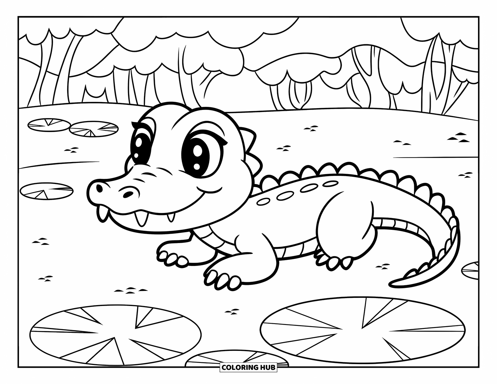 Baby Animal Coloring Page for Kids: Baby crocodile crawls through trees by a lily-covered pond