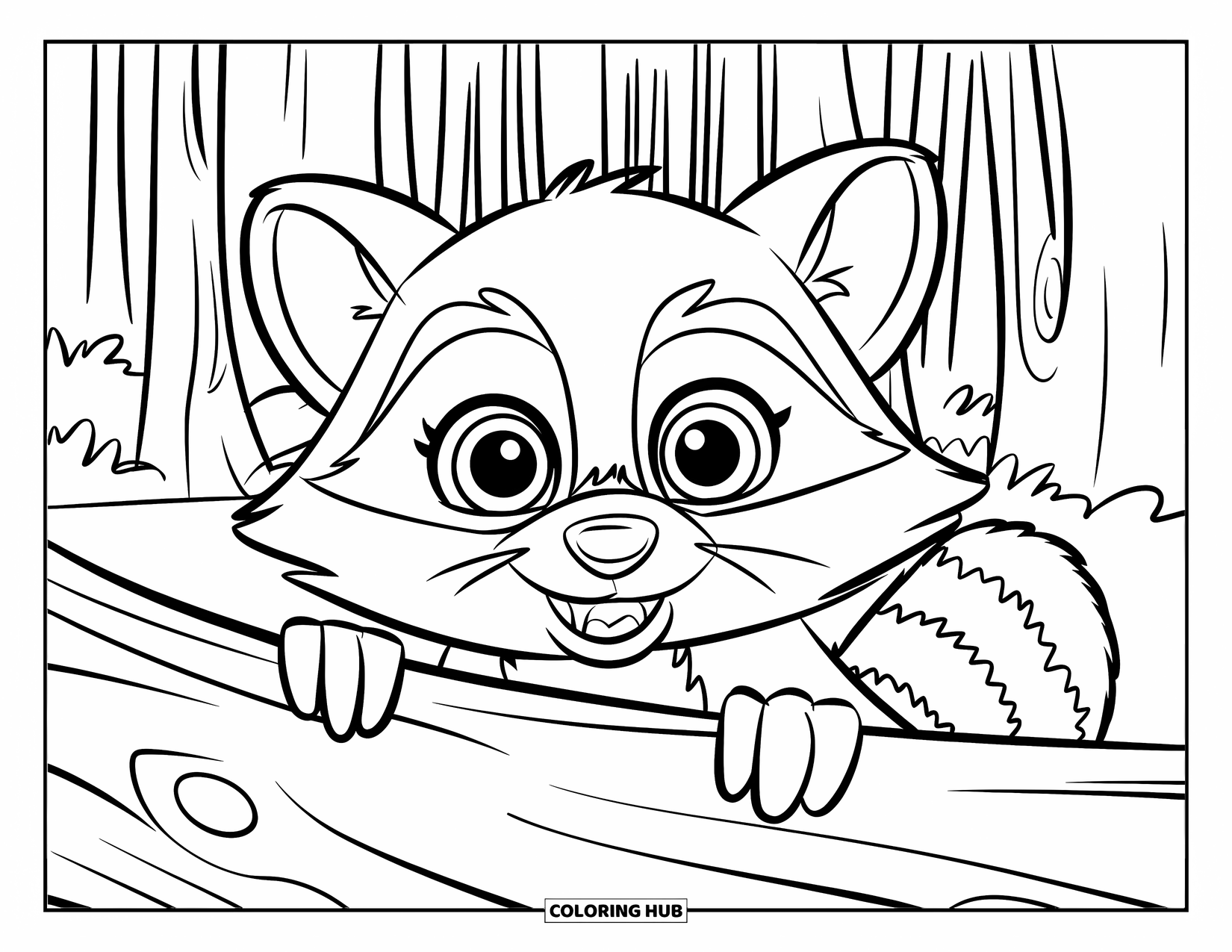 Baby Animal Coloring Page for Kids: Curious raccoon peeks with wide eyes from behind a log