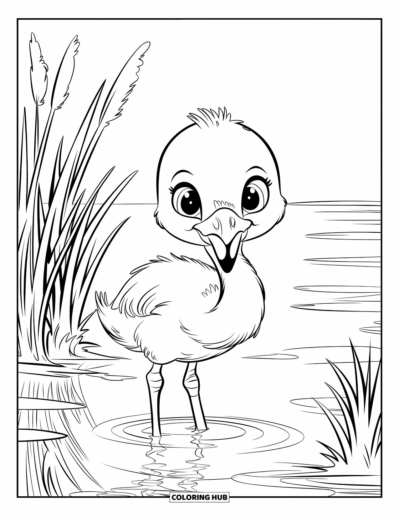 Baby Animal Coloring Page for Kids: Fluffy flamingo rests peacefully in a quiet, vast wetland