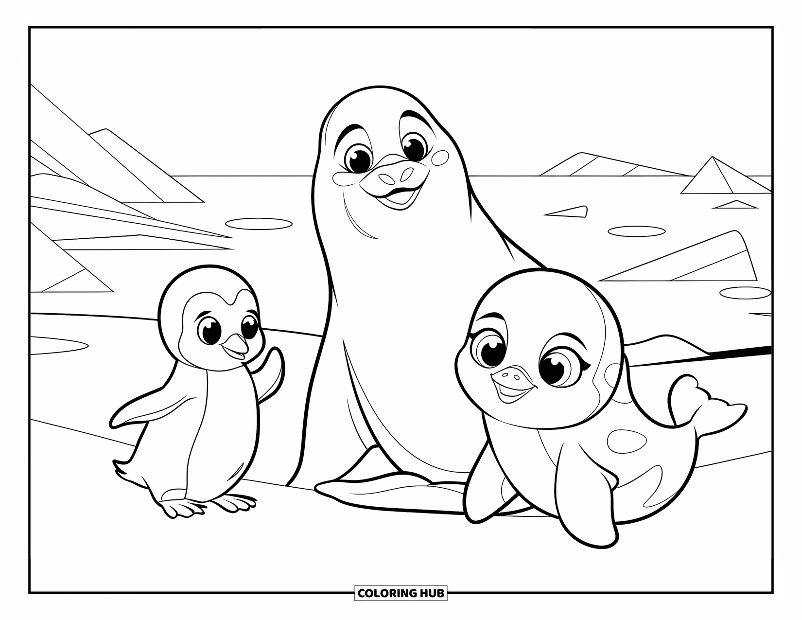 Baby Animal Coloring Page for Kids: Icy friends gather by the shore with snow and small icebergs