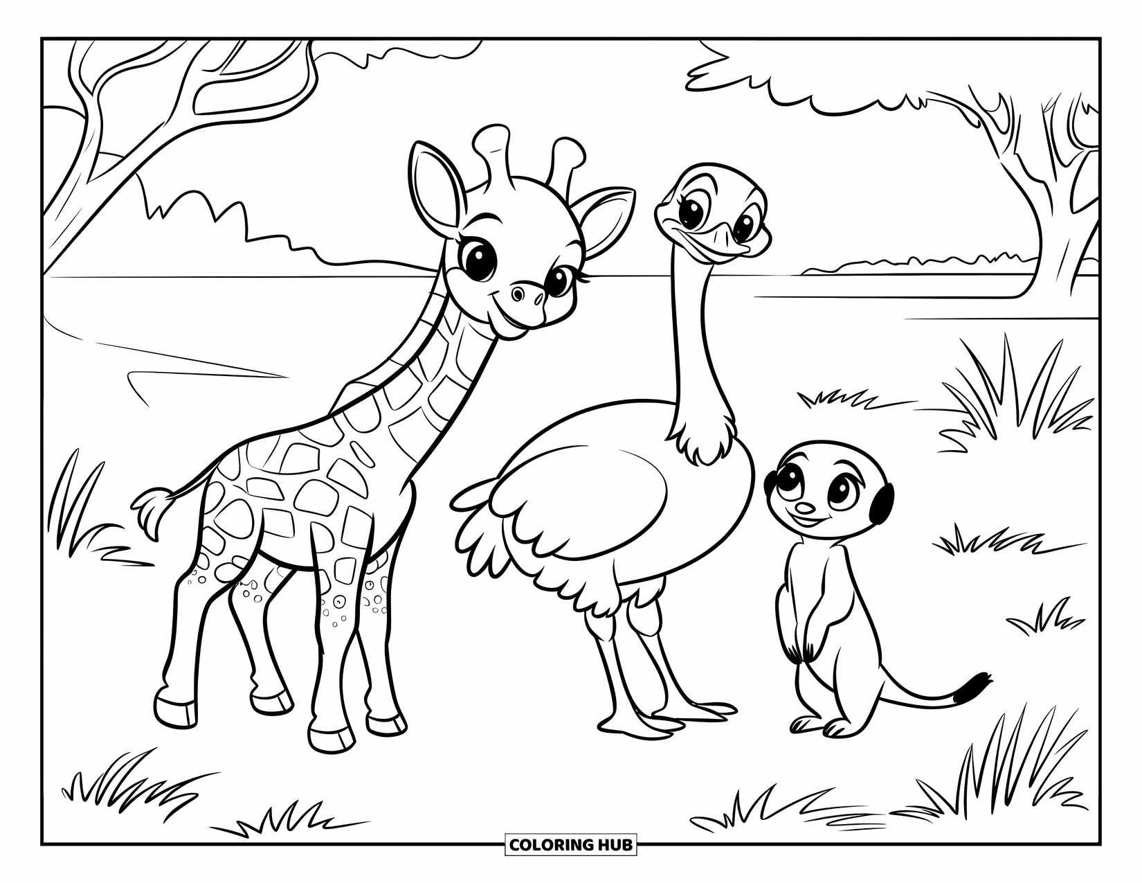 Baby Animal Coloring Page for Kids: Savanna friends pose together among shrubs and dry grass