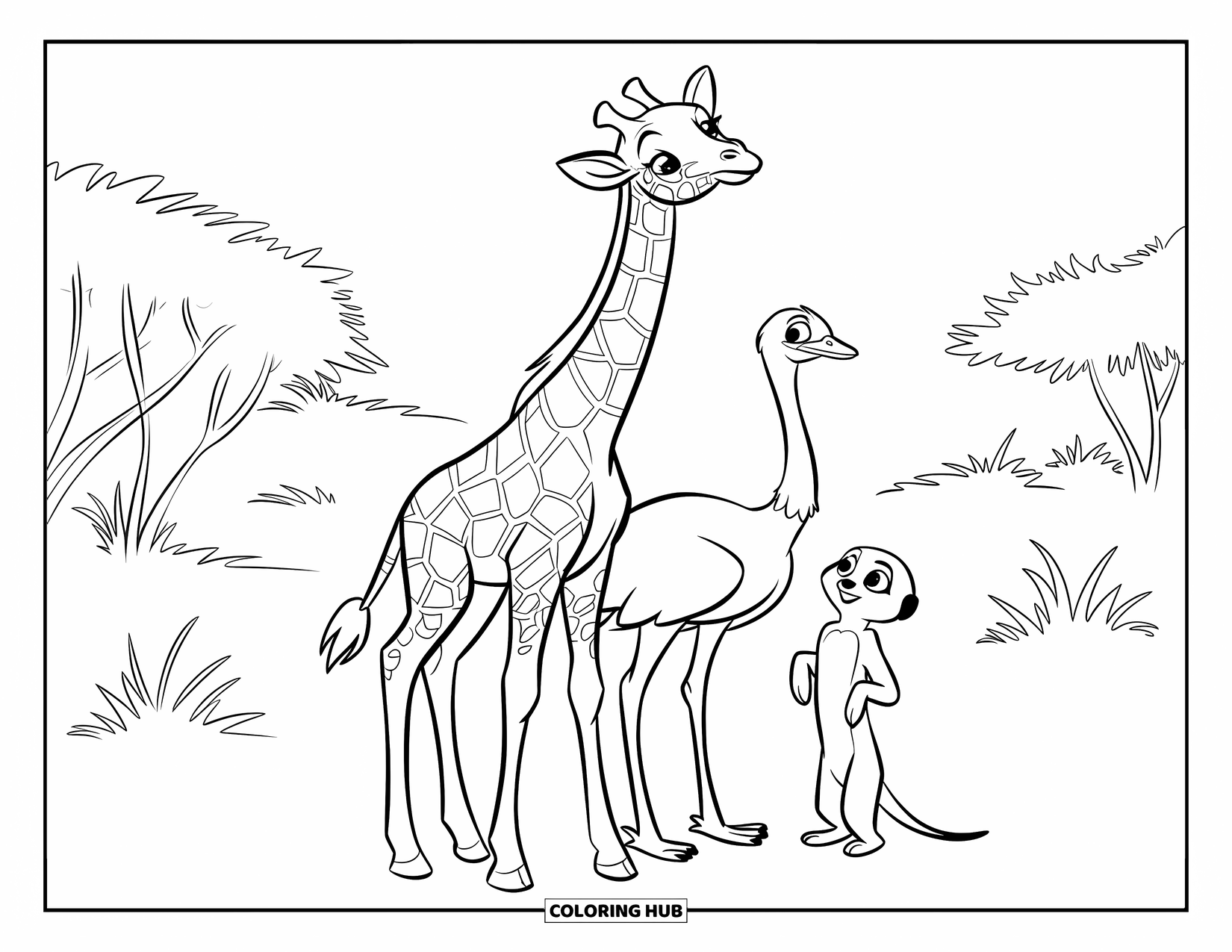 Baby Animal Coloring Page for Kids: Savanna trio stands tall with curious eyes and cute poses