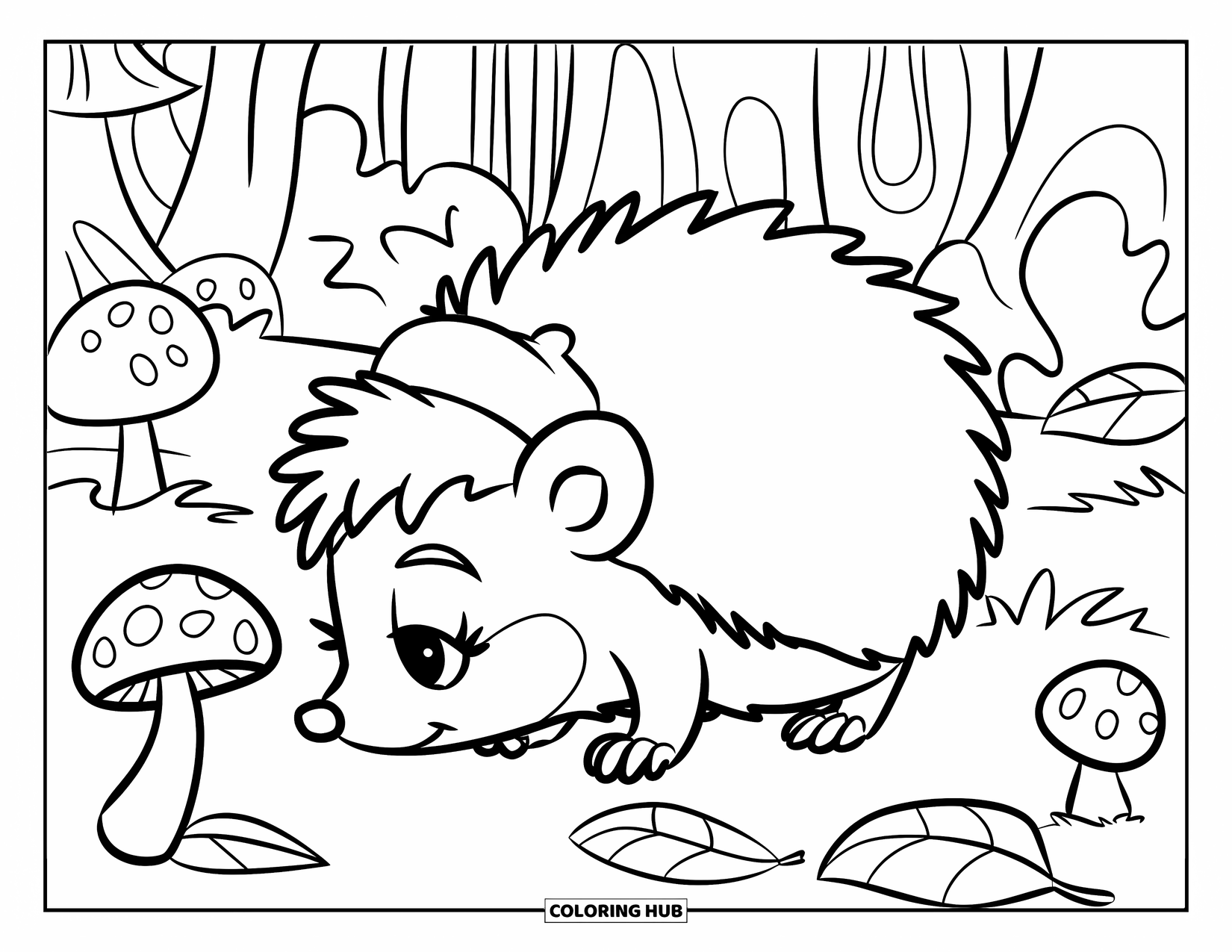 Baby Animal Coloring Page for Kids: Sleepy hedgehog sniffs mushrooms while wearing a cute hat