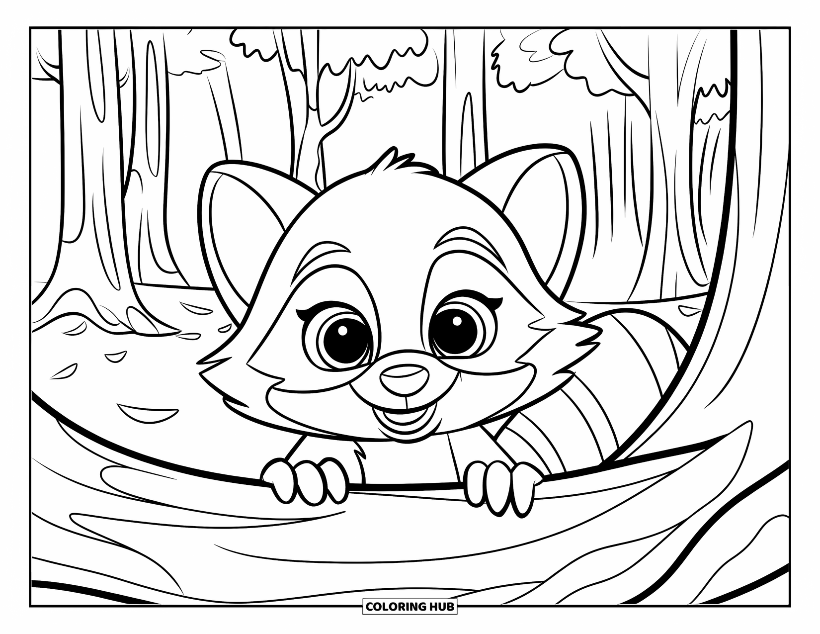Baby Animal Coloring Page for Kids: Soft-furred raccoon peeks out with leaves all around