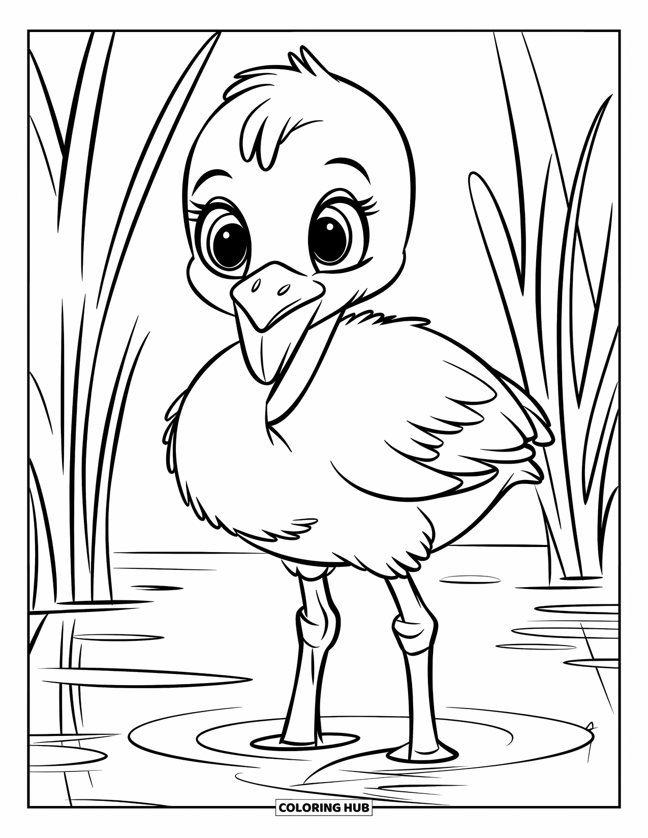 Baby Animal Coloring Page for Kids: Sweet flamingo stands still in calm water with reeds