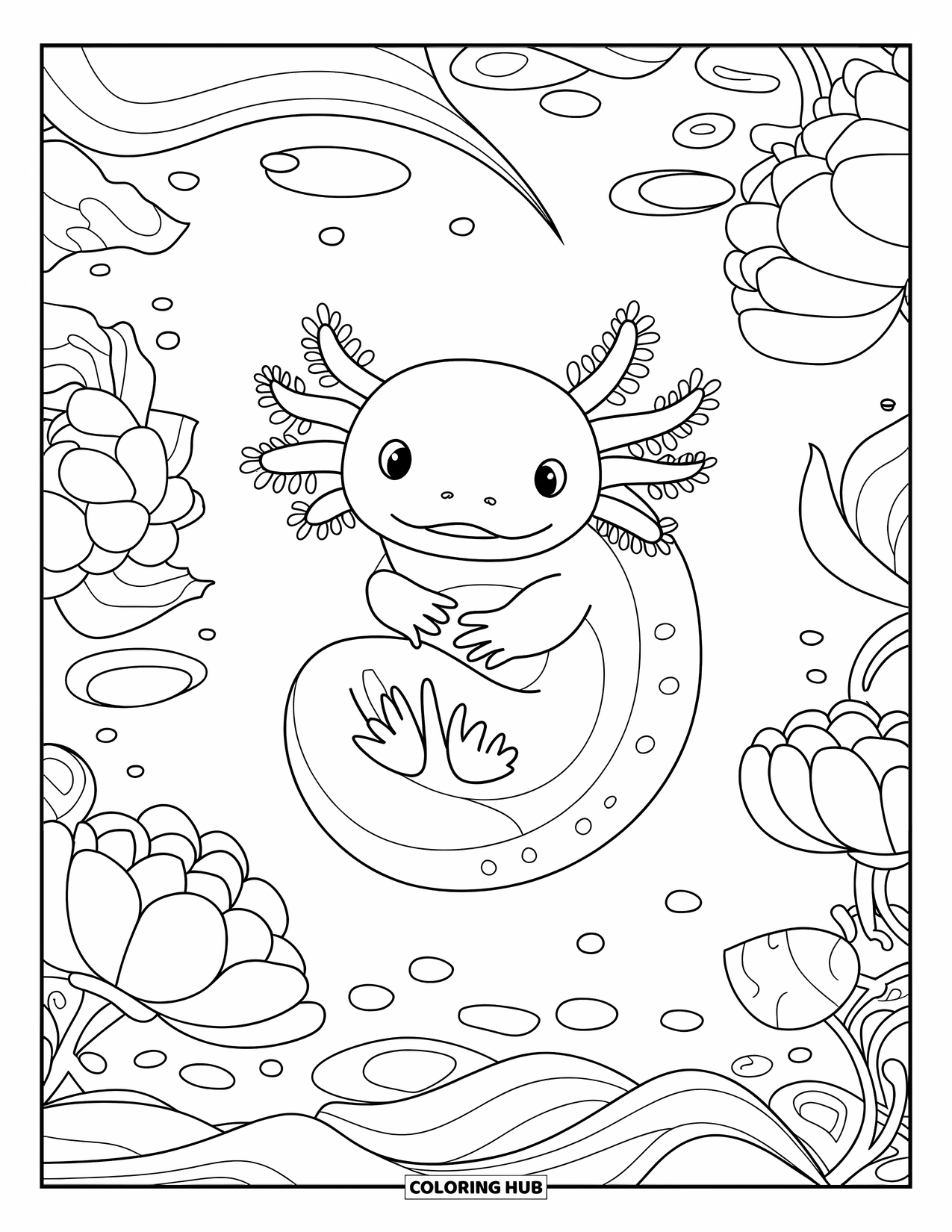 Baby Axolotl Coloring Page for Adults: Axolotl curls up inside a frame of lotus petals and gentle algae swirls