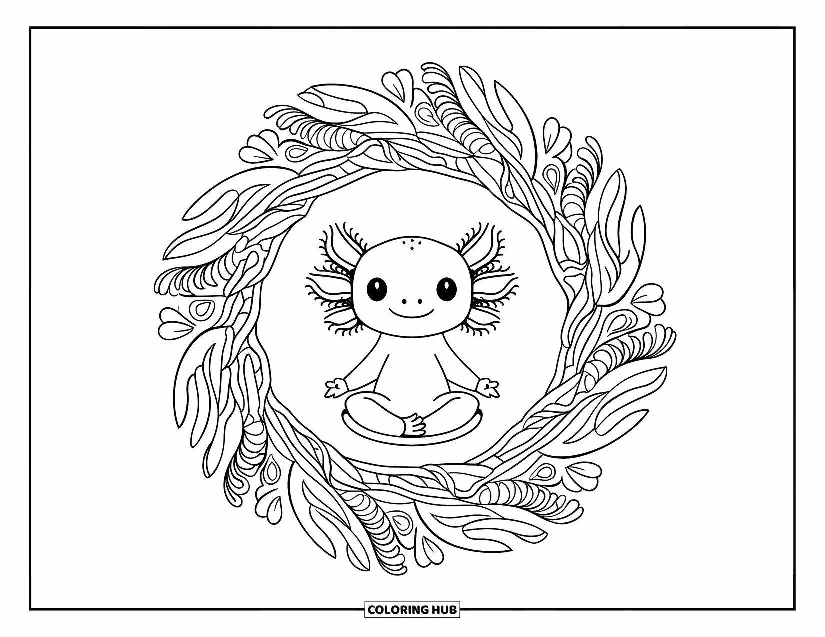 Baby Axolotl Coloring Page for Adults: Axolotl in lotus pose sits inside a calm mandala of moss and reeds
