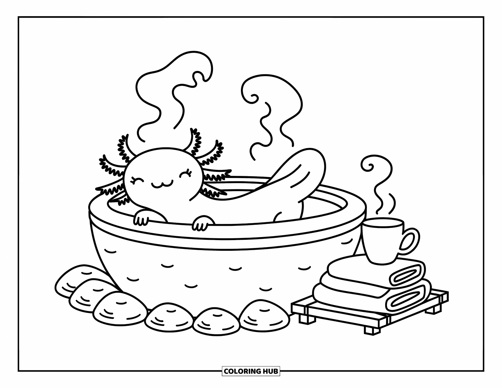 Baby Axolotl Coloring Page for Adults: Axolotl relaxes in a stone bath with steam and a cozy tray beside it