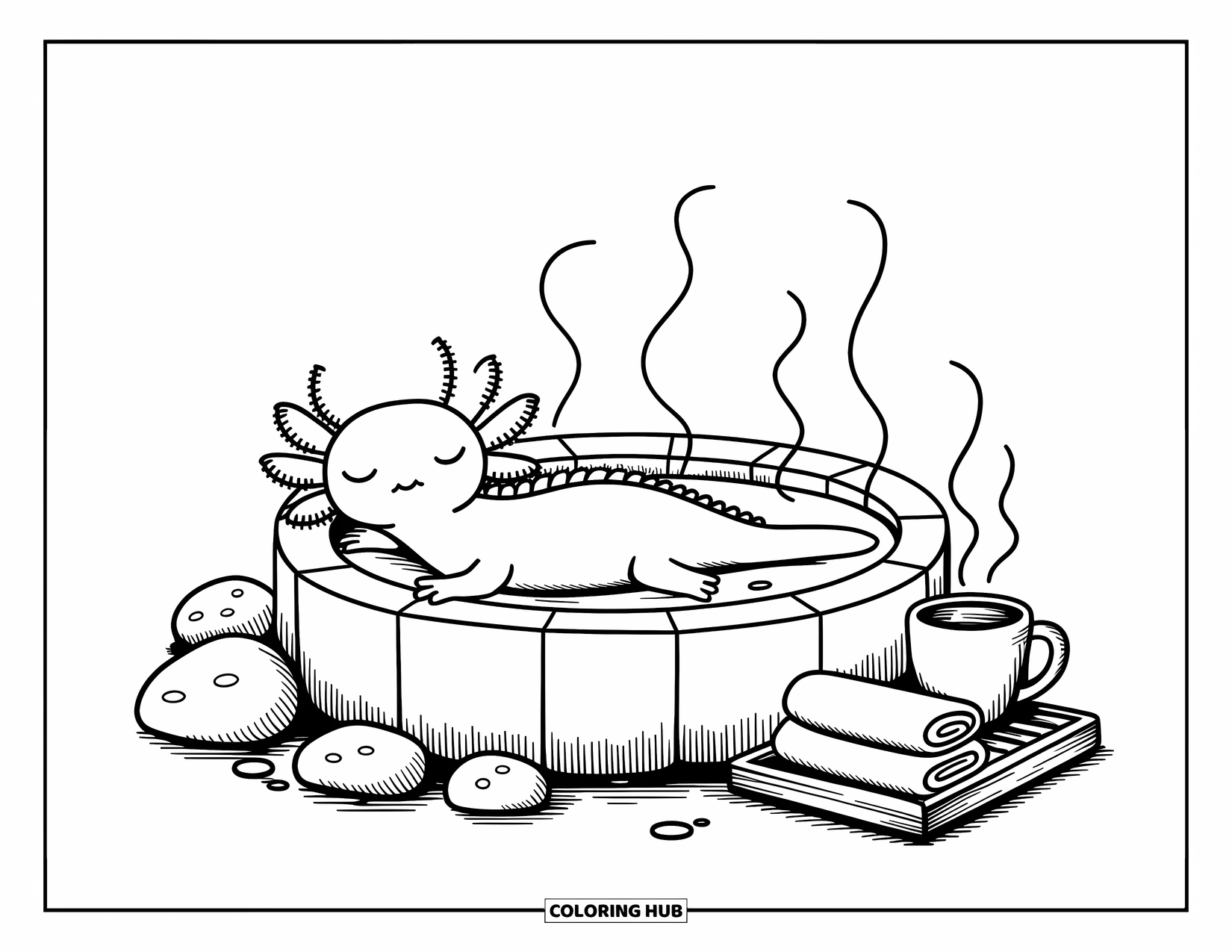 Baby Axolotl Coloring Page for Adults: Axolotl rests in a warm bath, surrounded by rocks and soft steam