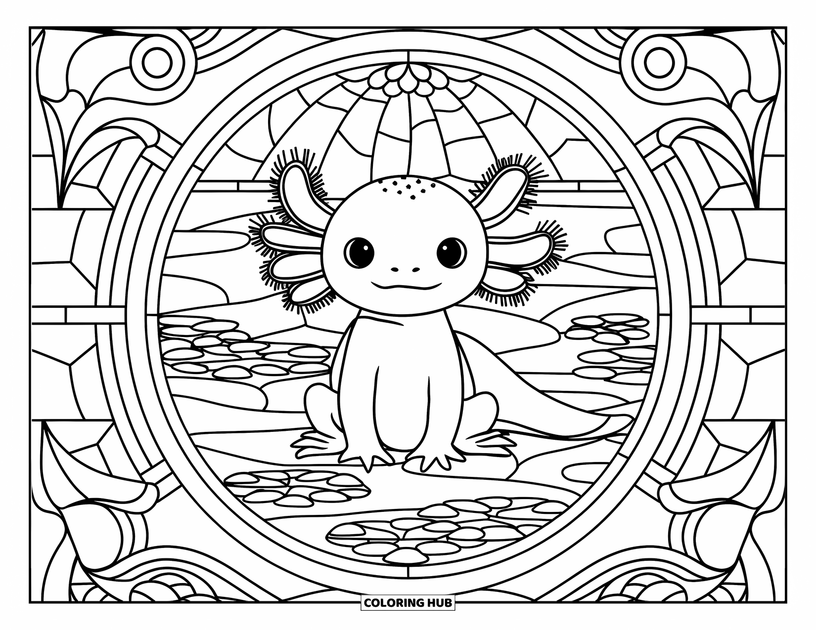 Baby Axolotl Coloring Page for Adults: Axolotl sits calmly inside a stained glass circle of peaceful pond scenes