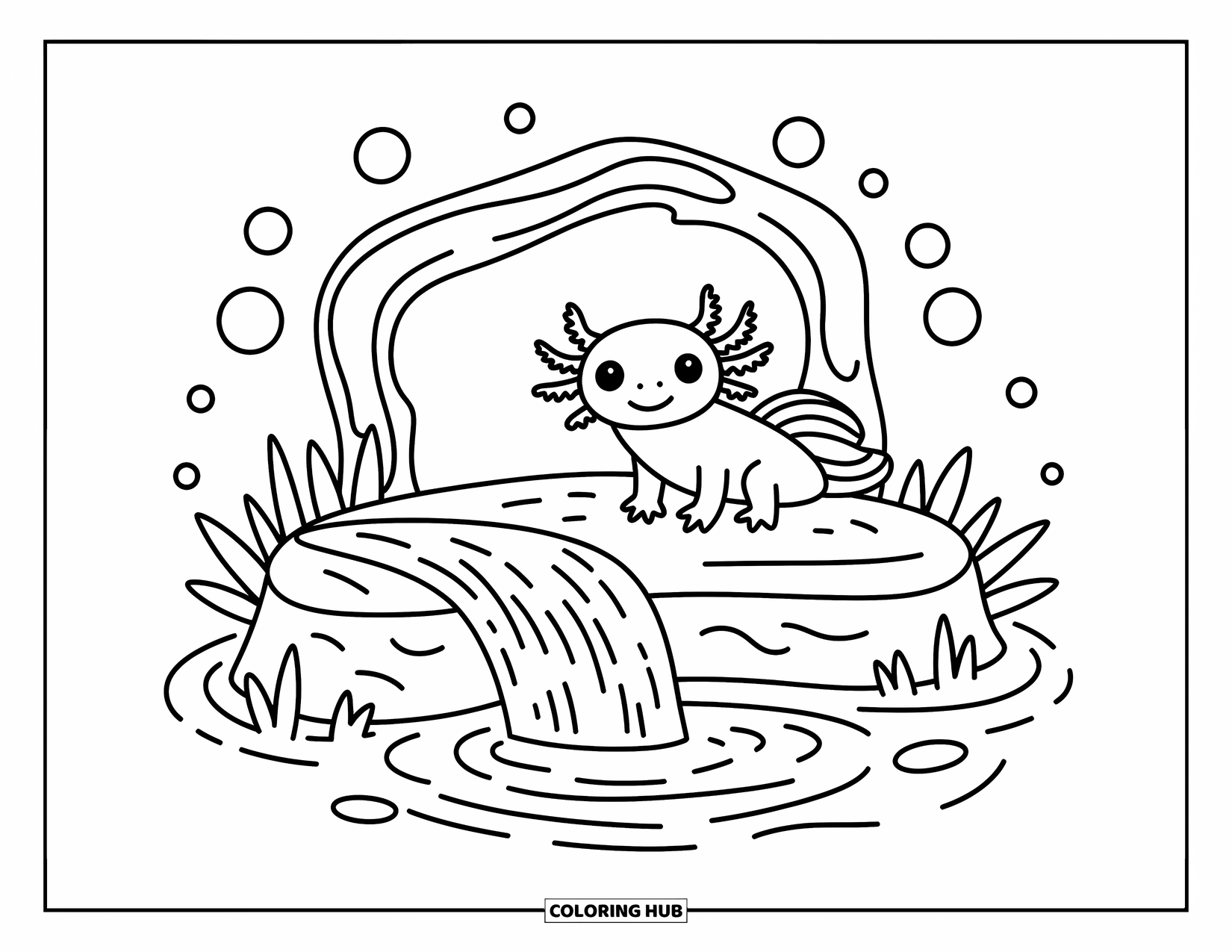 Baby Axolotl Coloring Page for Adults: Axolotl sits on a rock, watching a tiny waterfall with curious eyes