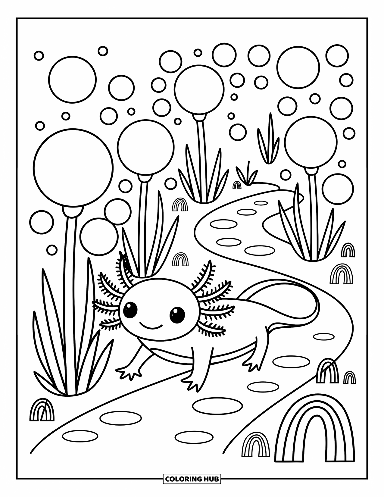 Baby Axolotl Coloring Page for Adults: Axolotl strolls a bubble-filled path with stepping stones and garden arches