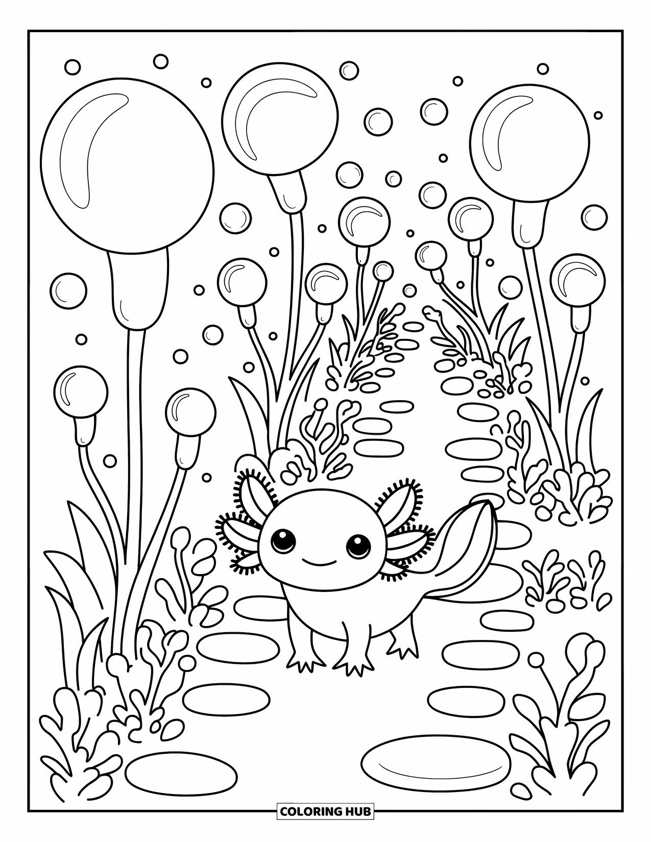Baby Axolotl Coloring Page for Adults: Axolotl waddles a curvy path with floating bubbles and fun little arches