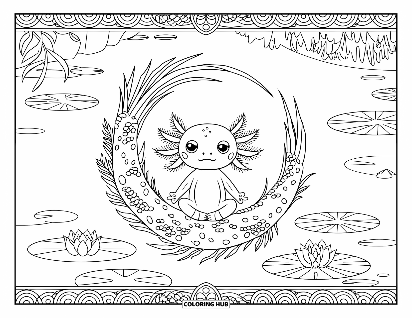 Baby Axolotl Coloring Page for Adults: Calm axolotl meditates inside a leafy mandala with pond flowers nearby