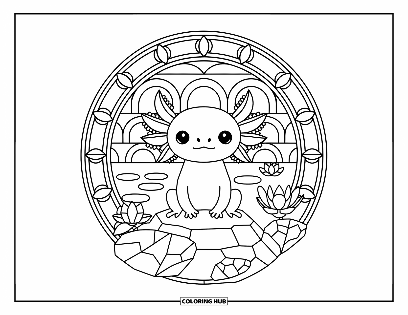 Baby Axolotl Coloring Page for Adults: Calm axolotl rests on a rock inside a pond-themed stained glass circle