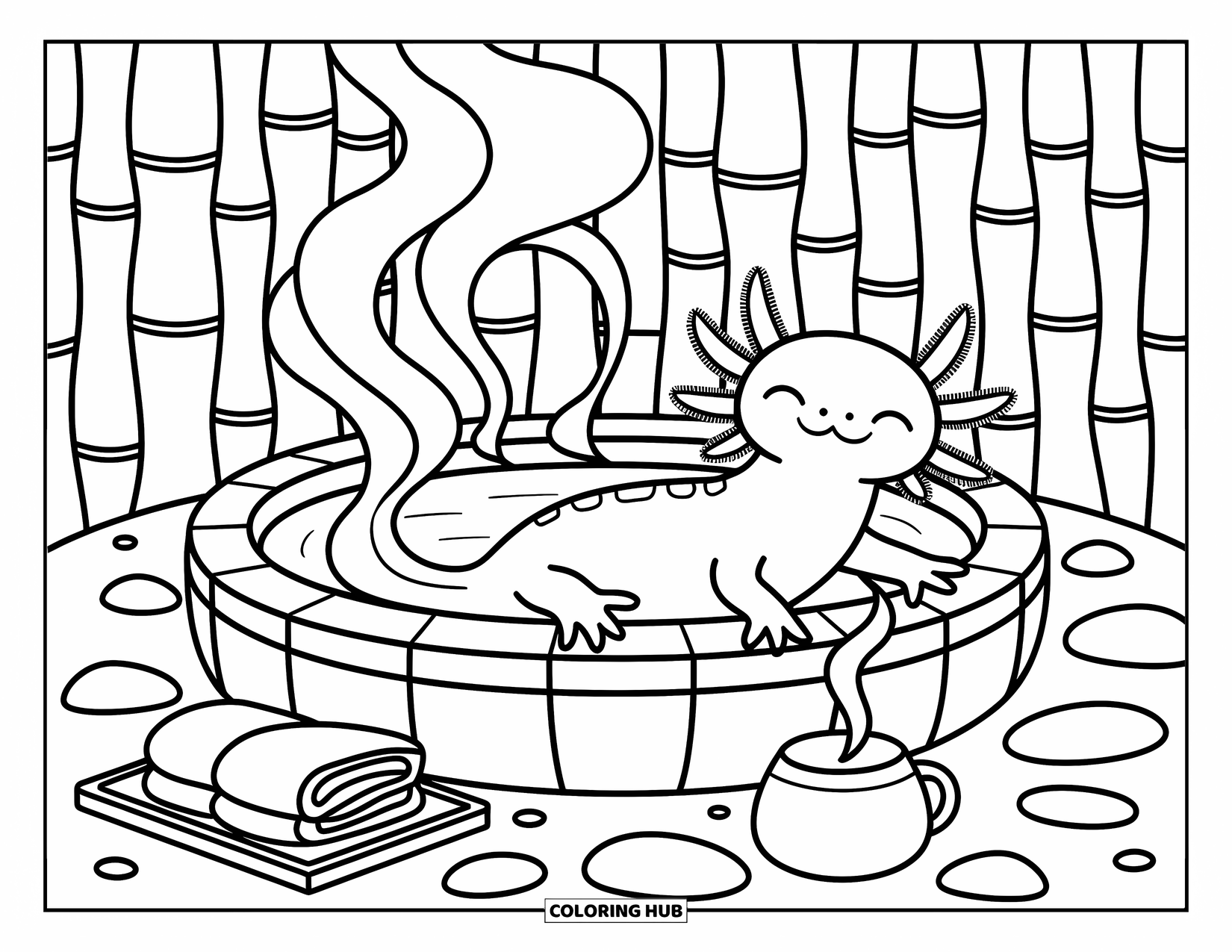 Baby Axolotl Coloring Page for Adults: Cozy axolotl lounges in a steamy bath with bamboo and towels nearby