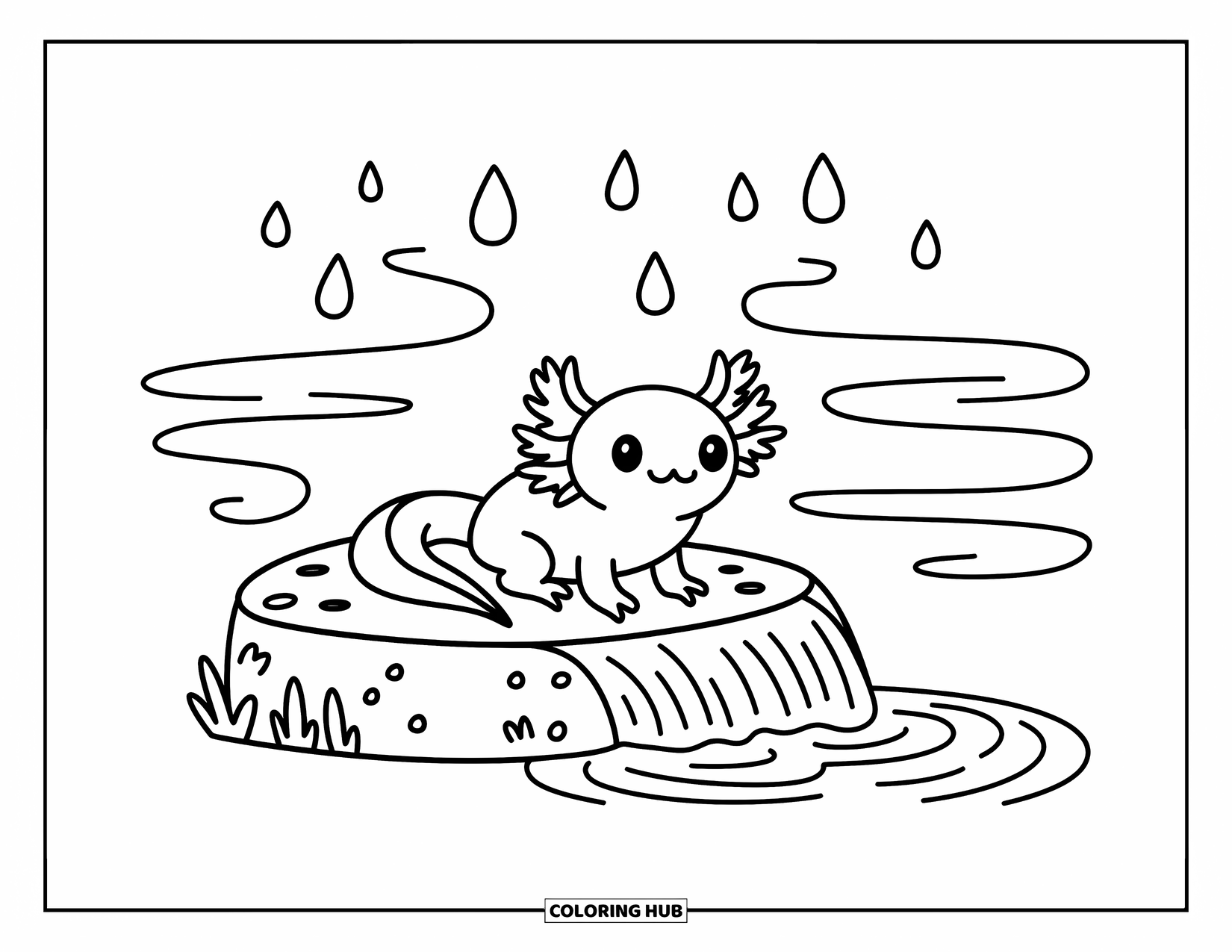 Baby Axolotl Coloring Page for Adults: Curious axolotl rests on a rock near a gentle waterfall