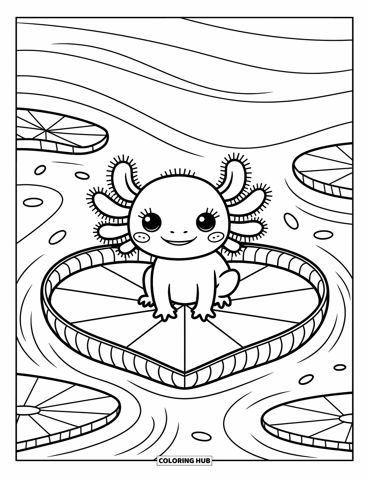 Baby Axolotl Coloring Page for Adults: Curious axolotl sits on a heart-shaped lily pad among swirling pond ripples