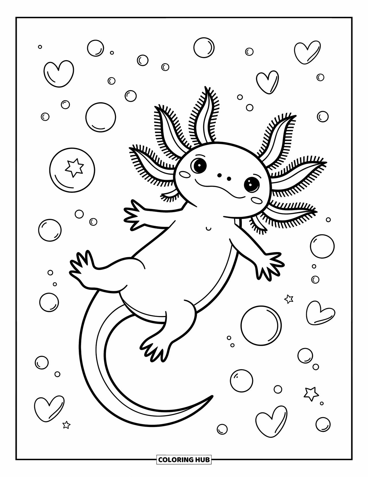 Baby Axolotl Coloring Page for Adults: Floating axolotl reaches toward a starry bubble in a cozy pond