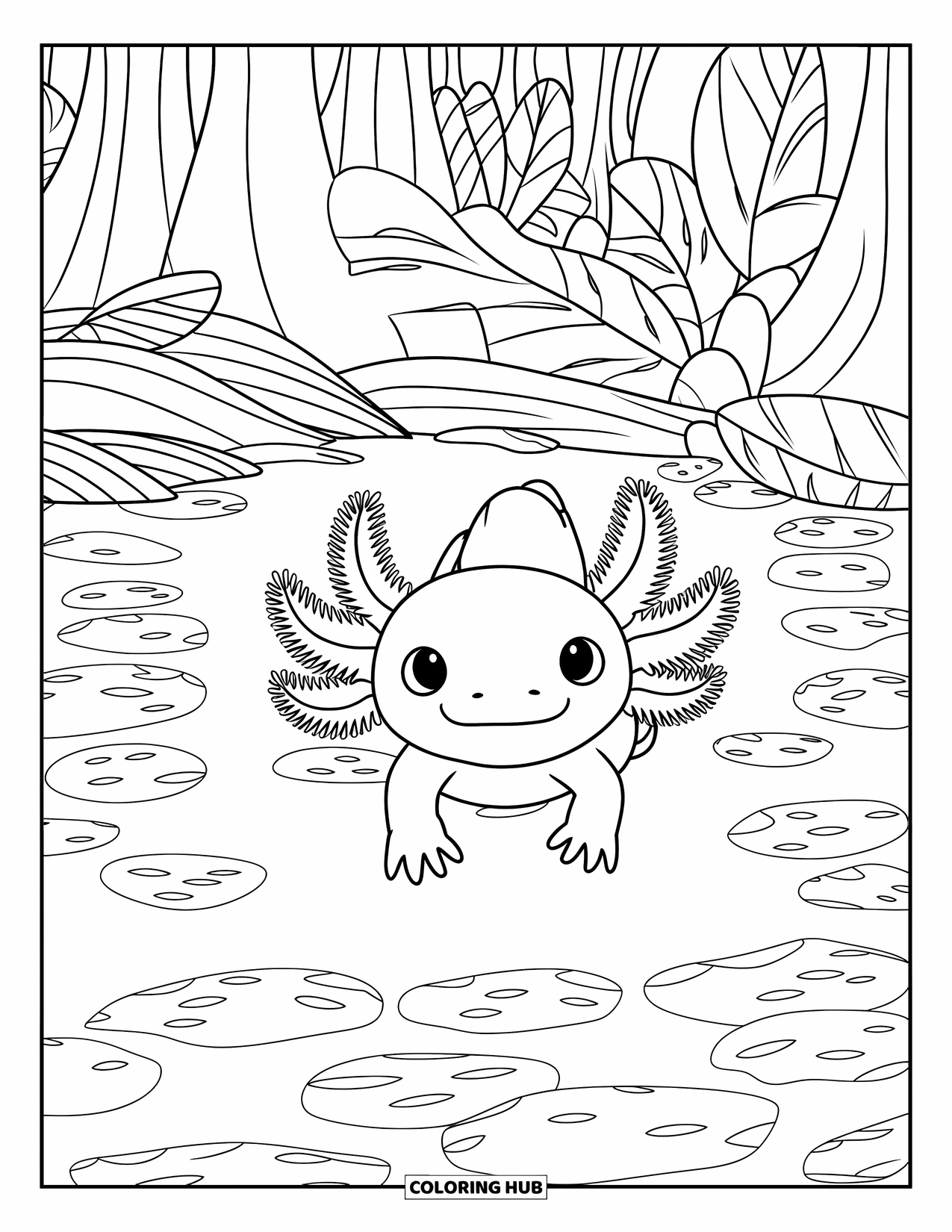 Baby Axolotl Coloring Page for Kids: Axolotl glides through a forest pond filled with algae and big leaves