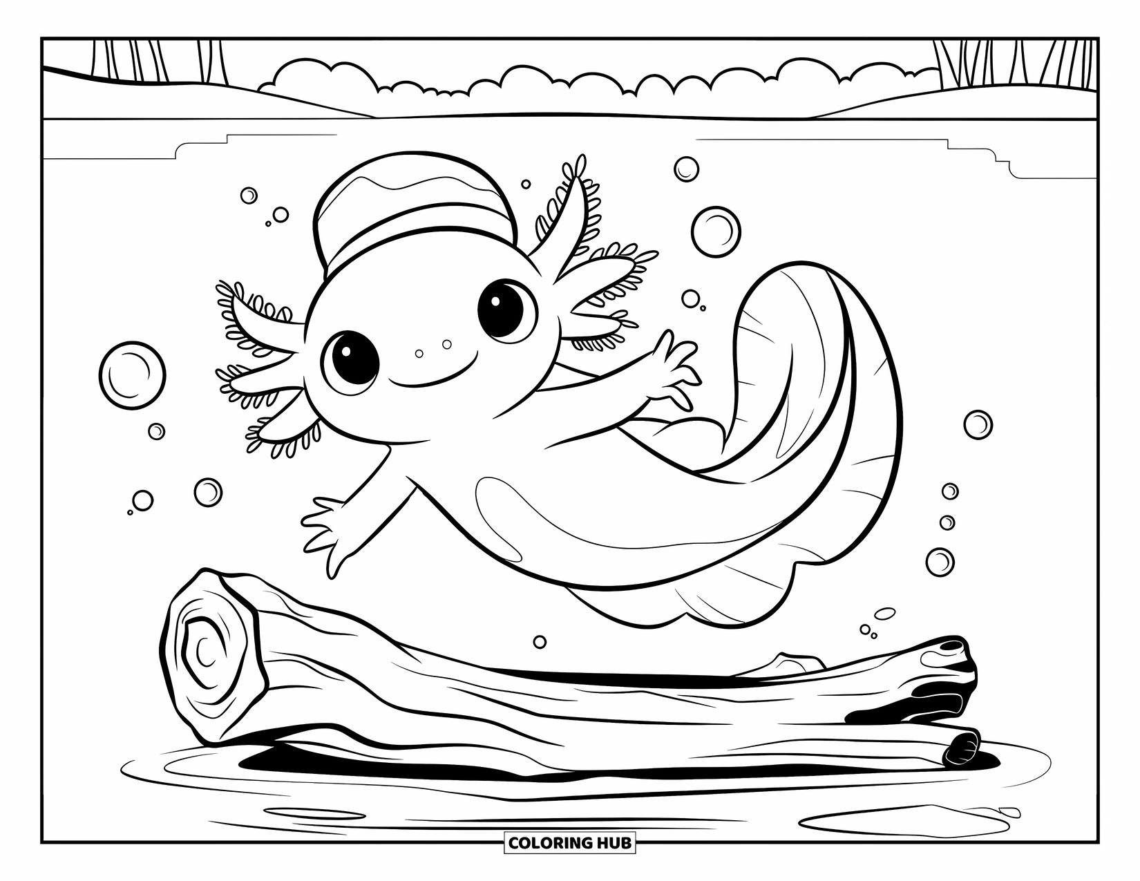 Baby Axolotl Coloring Page for Kids: Axolotl in a cute hat twirls around driftwood in a quiet lakeside scene