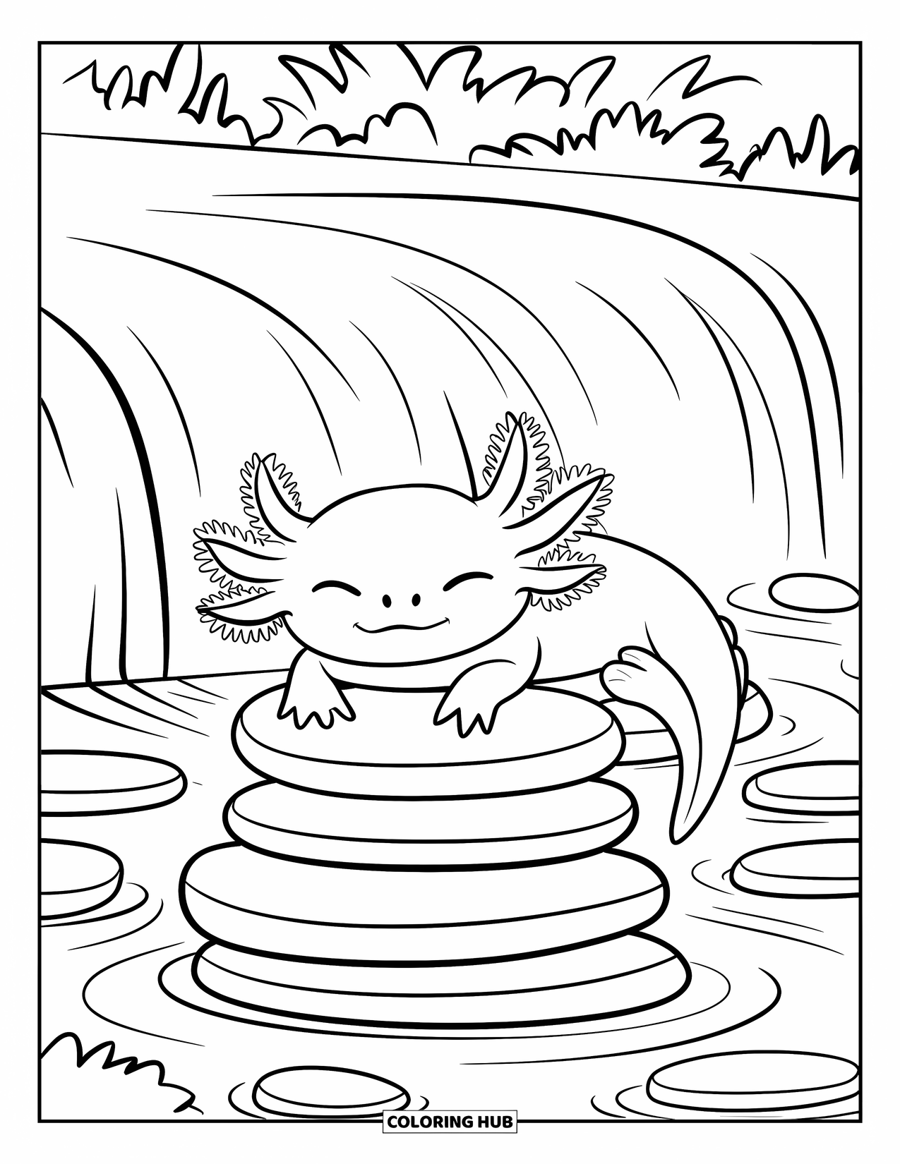 Baby Axolotl Coloring Page for Kids: Axolotl naps peacefully on river stones under gentle waterfall streams
