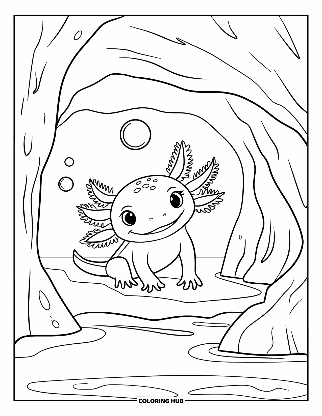 Baby Axolotl Coloring Page for Kids: Axolotl peeks from a cozy cave under a calm body of water
