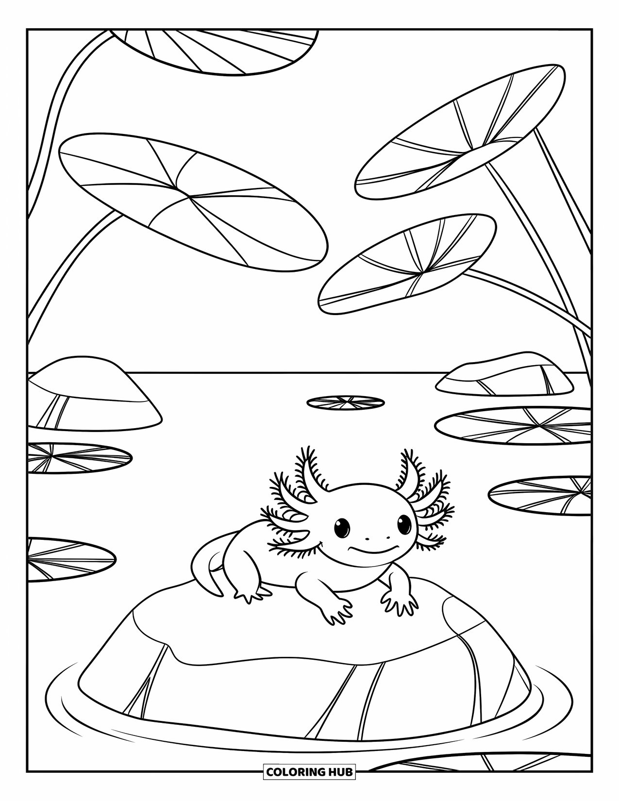 Baby Axolotl Coloring Page for Kids: Axolotl relaxes on a rock with lily pads drifting overhead