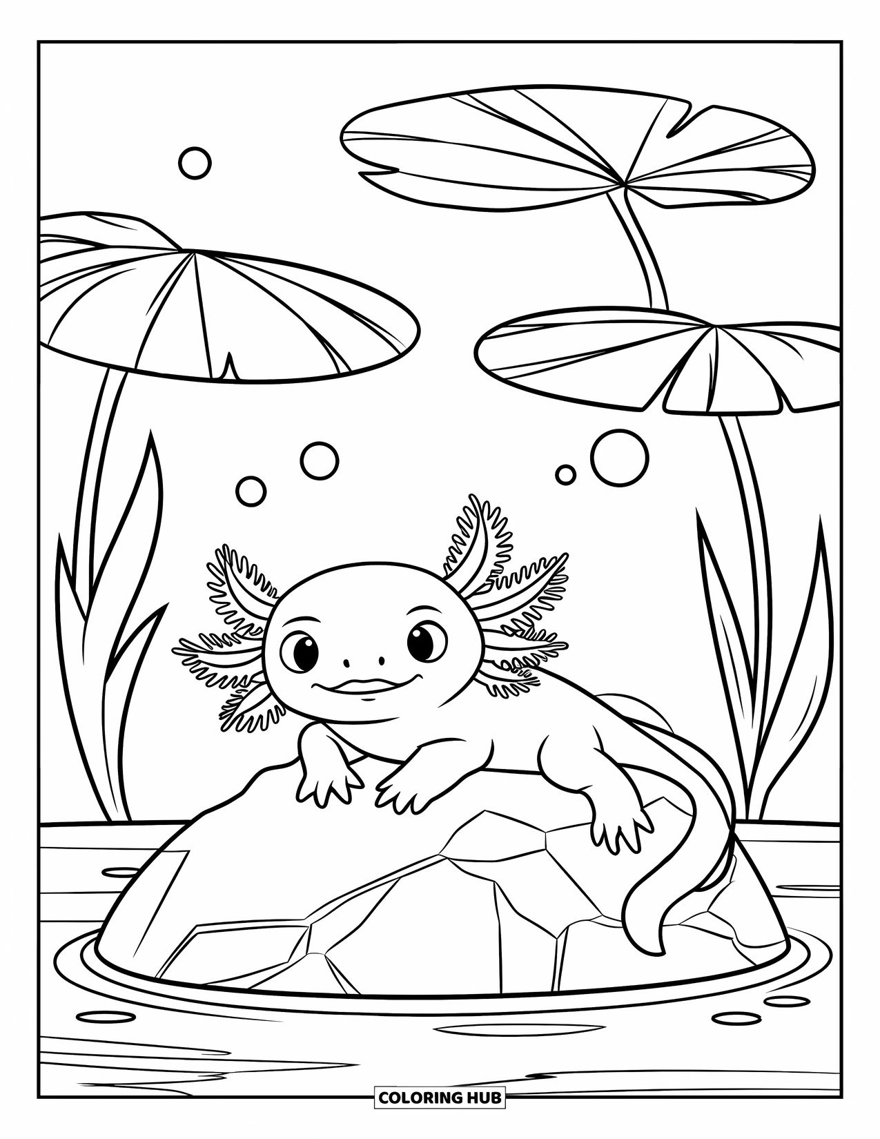 Baby Axolotl Coloring Page for Kids: Axolotl relaxes under lily pads with bubbles rising from its mouth