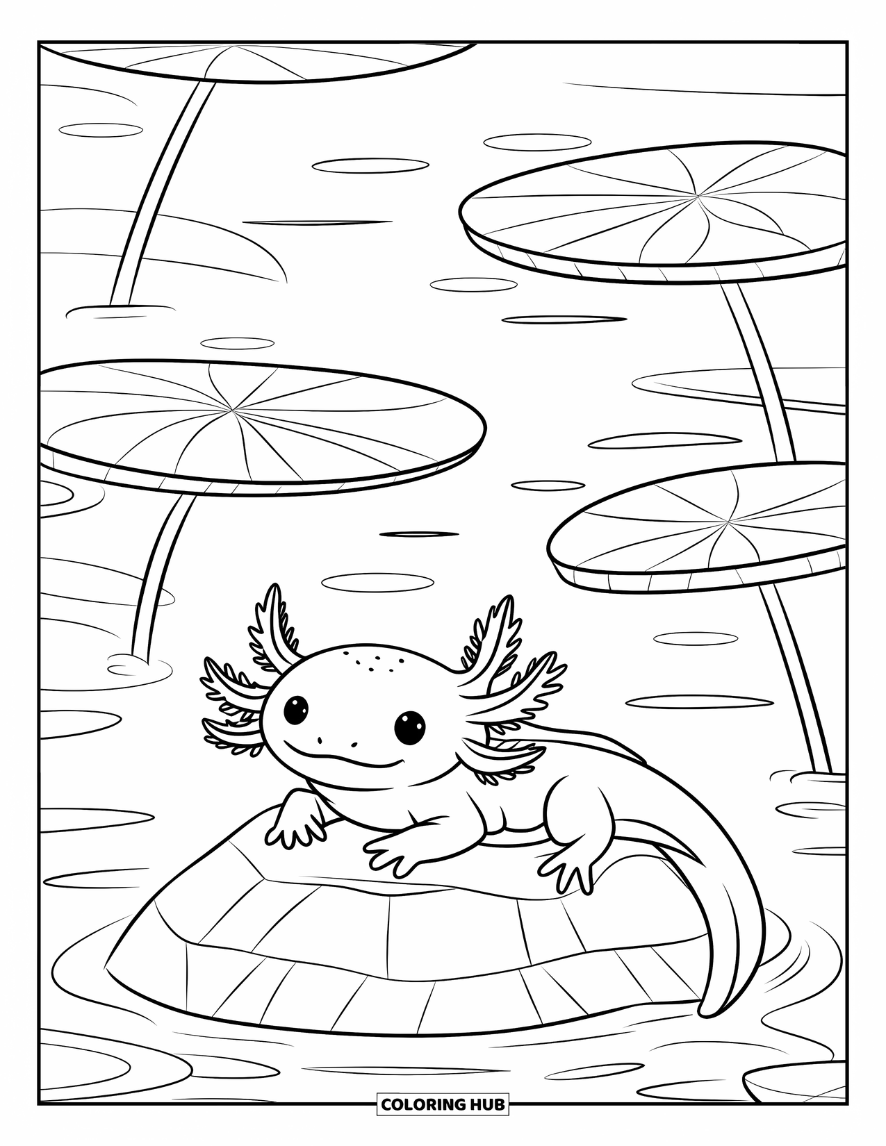 Baby Axolotl Coloring Page for Kids: Axolotl rests on a rock while lily pads float gently above