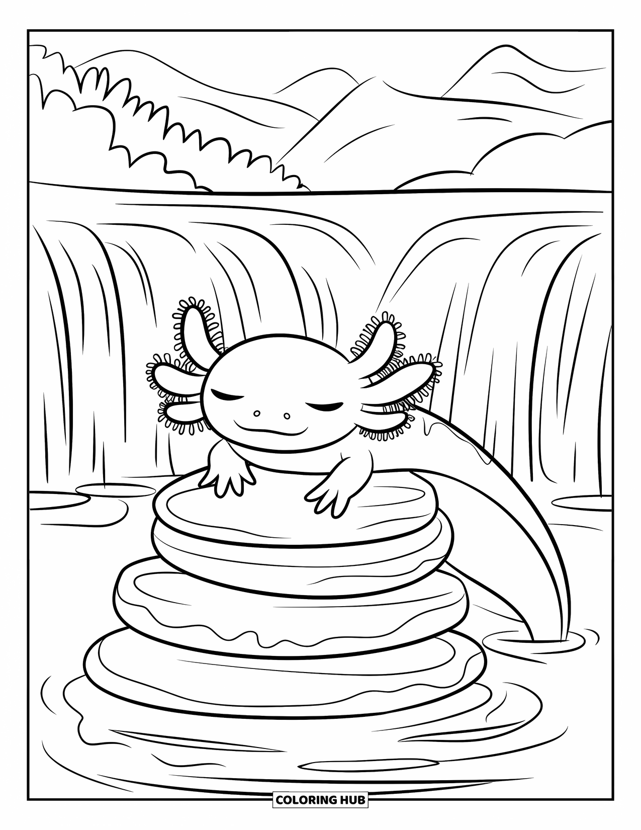 Baby Axolotl Coloring Page for Kids: Axolotl rests on river stones under a calm, flowing waterfall