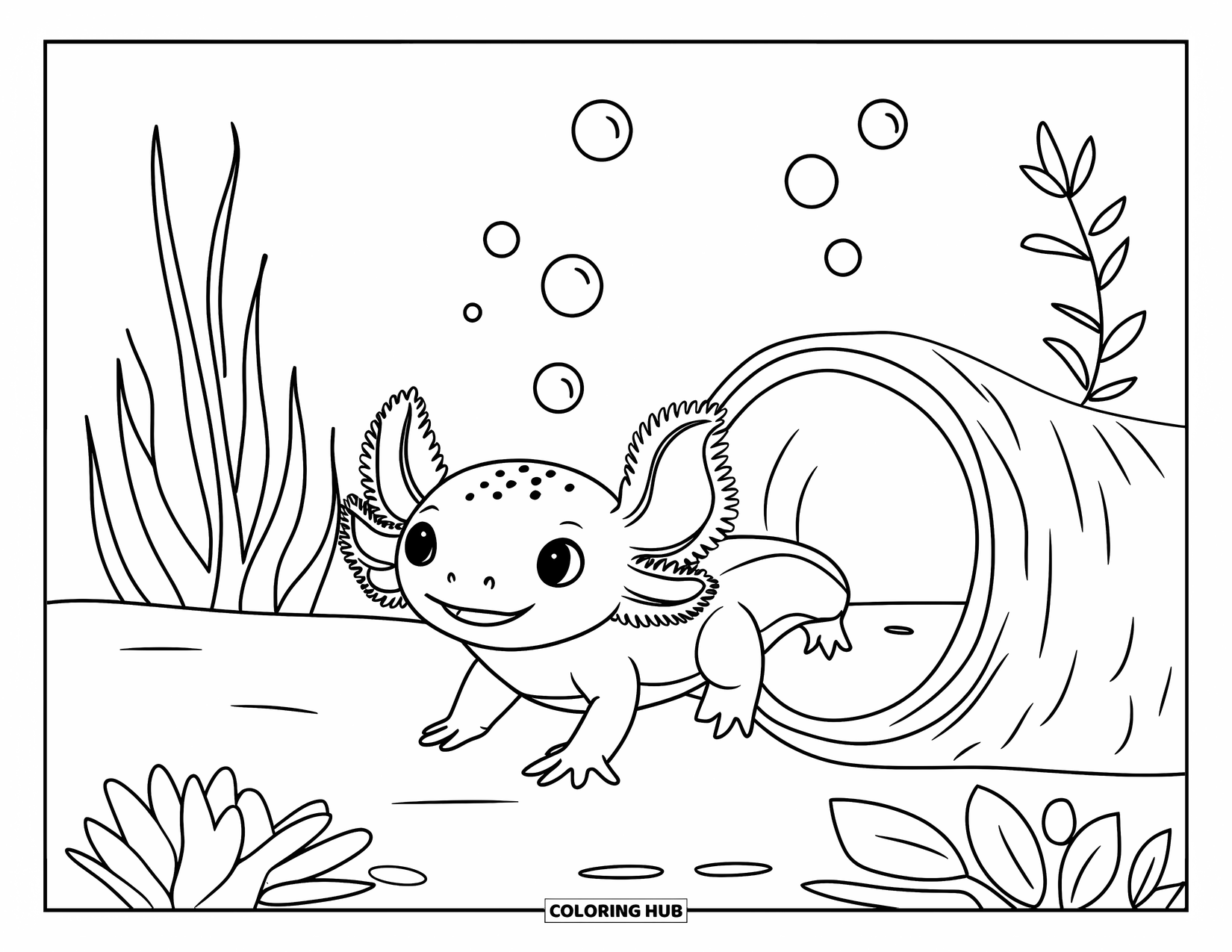 Baby Axolotl Coloring Page for Kids: Axolotl swims through a quiet underwater tunnel with bubbles floating above