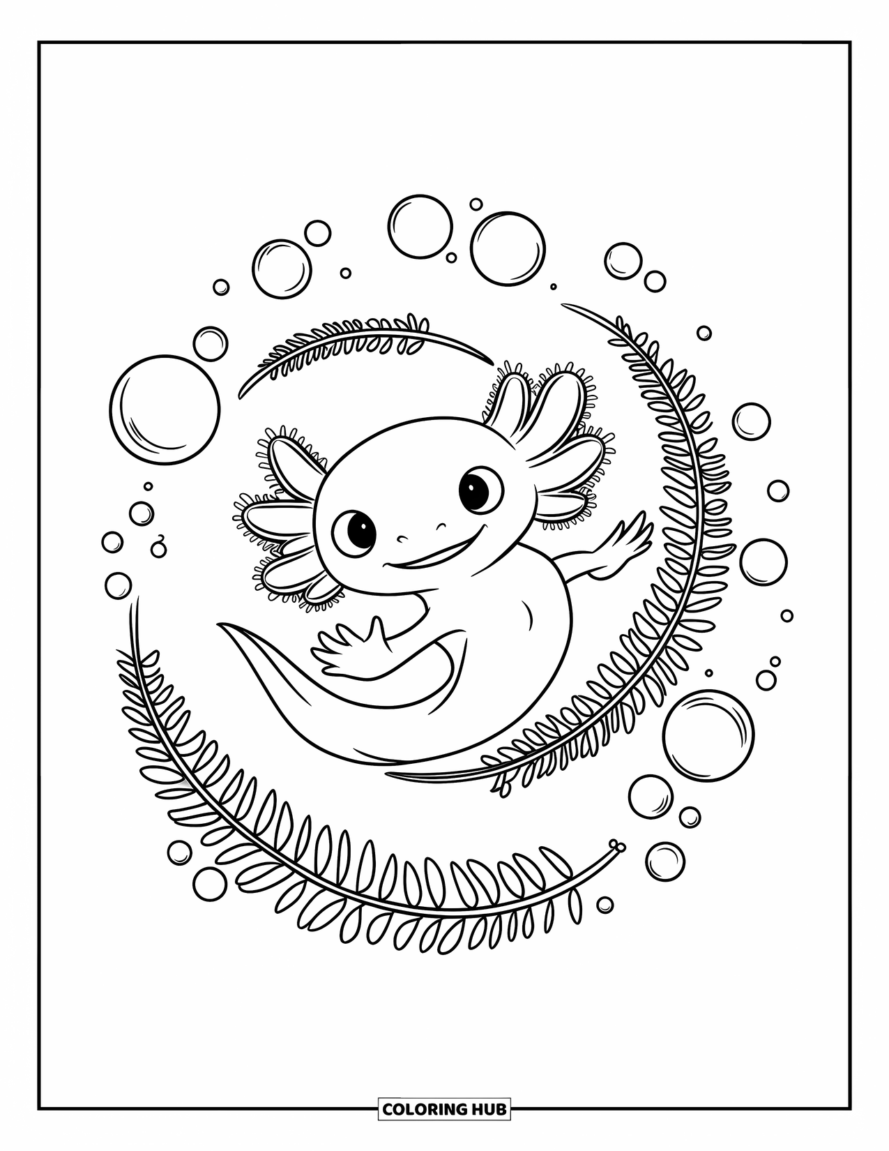 Baby Axolotl Coloring Page for Kids: Axolotl swirls through a spiral of bubbles and curling ferns