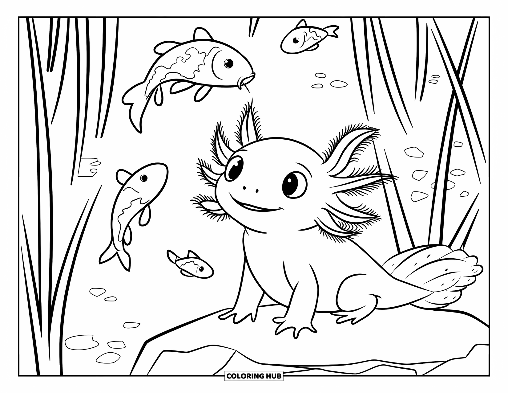 Baby Axolotl Coloring Page for Kids: Axolotl watches koi fish near reeds in a peaceful pond