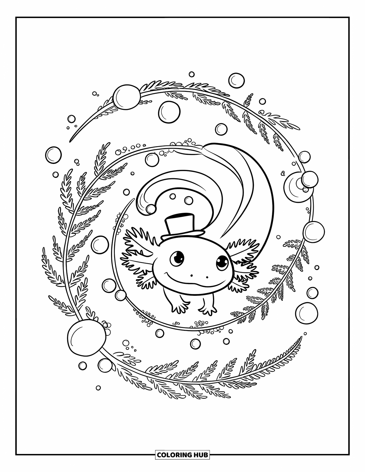 Baby Axolotl Coloring Page for Kids: Axolotl with a top hat swirls in bubbles and playful speech bubbles