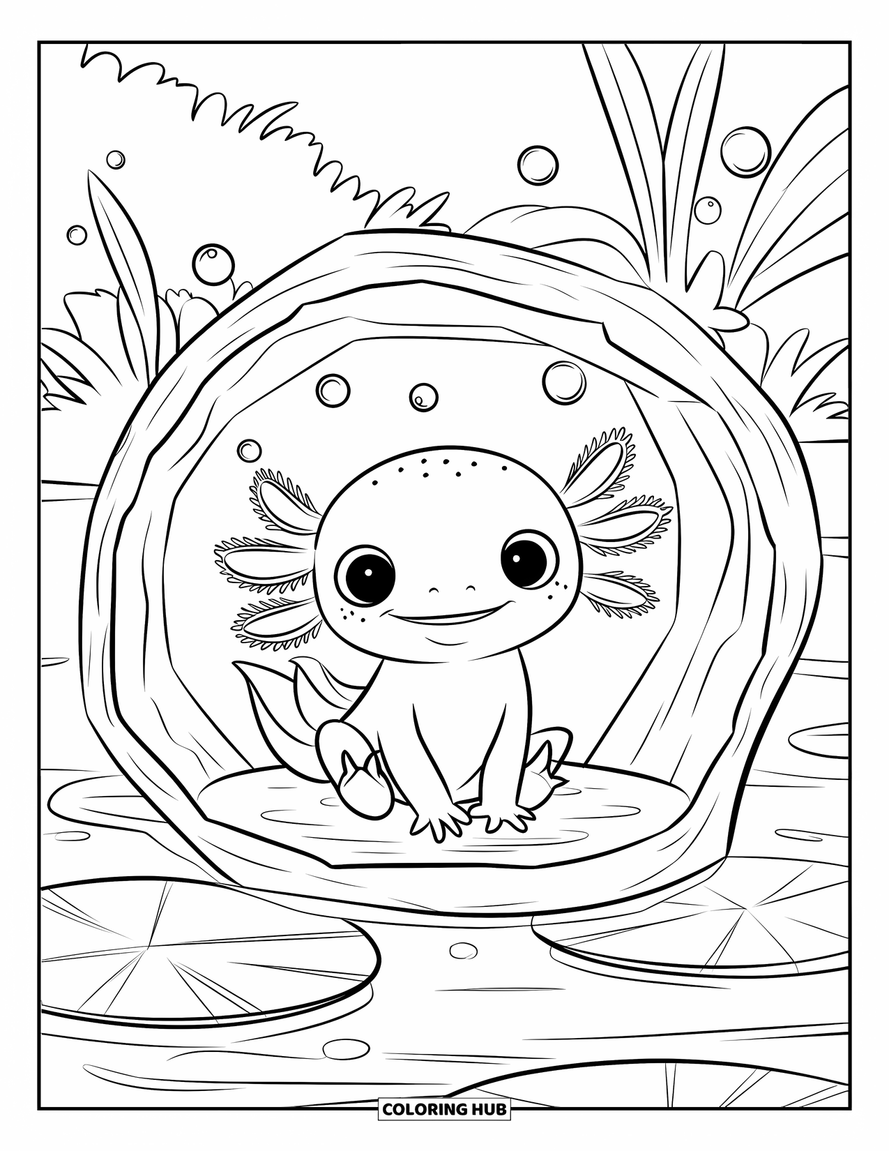 Baby Axolotl Coloring Page for Kids: Axolotl with big eyes sits in a log near lily pads and bubbles